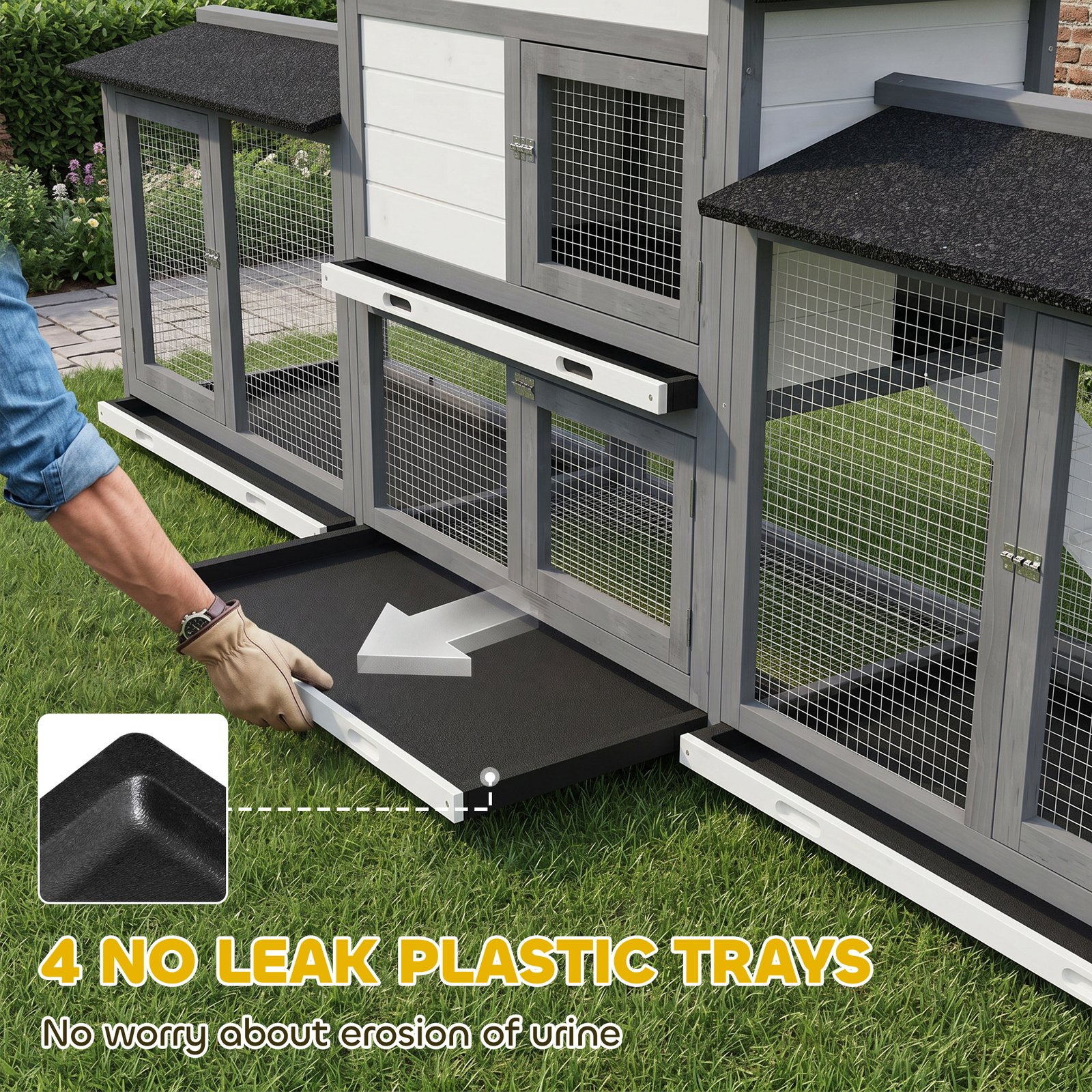 2-Tier Large Rabbit Hutch Outdoor with Double Side Run Boxes, No-leak Plastic Tray, Ramp, 230 x 53 x 93.5cm, Light Grey