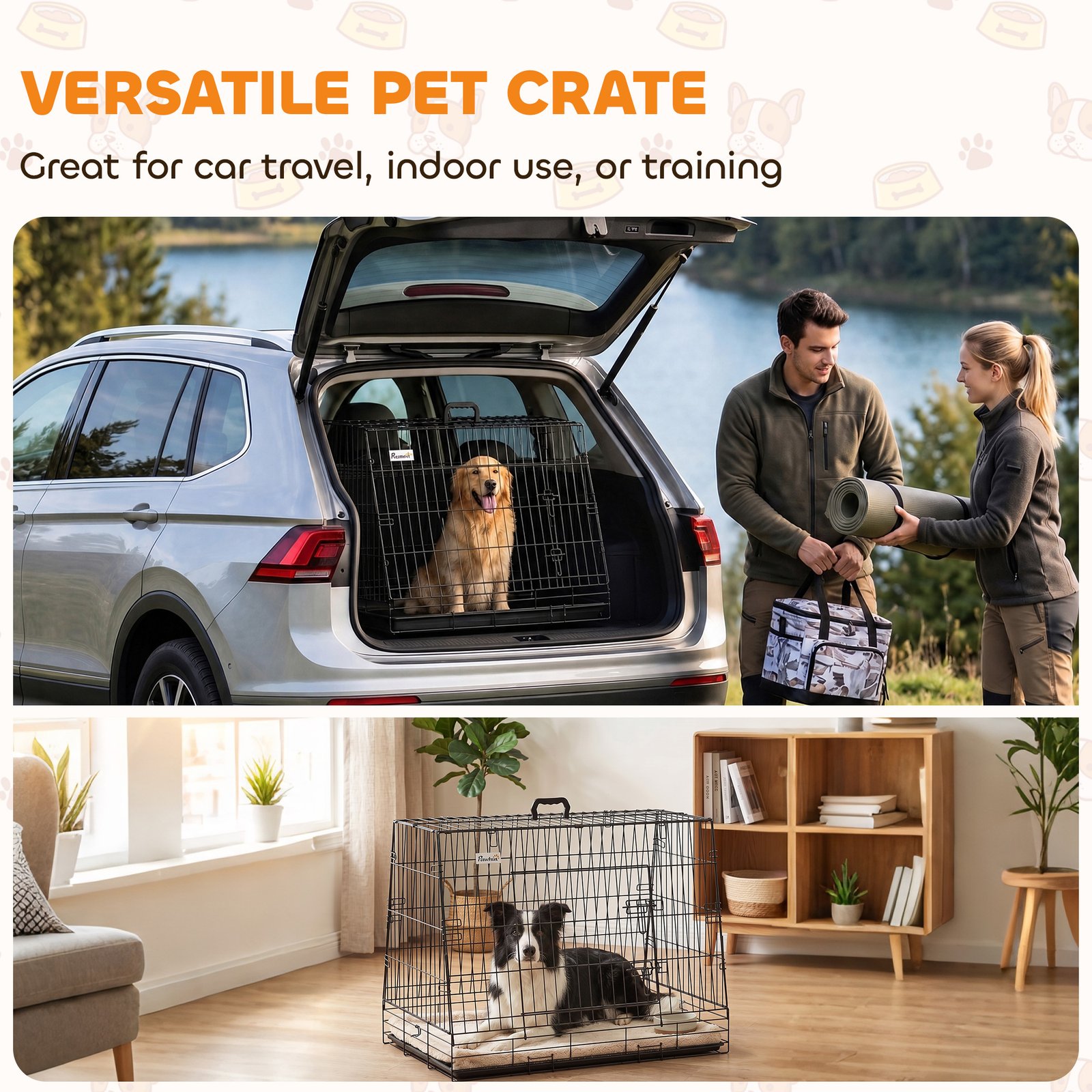 35"(90 cm) Car Dog Crate Medium Large Collapsible Slanted Travel Dog Cage with Tray for Car Boot