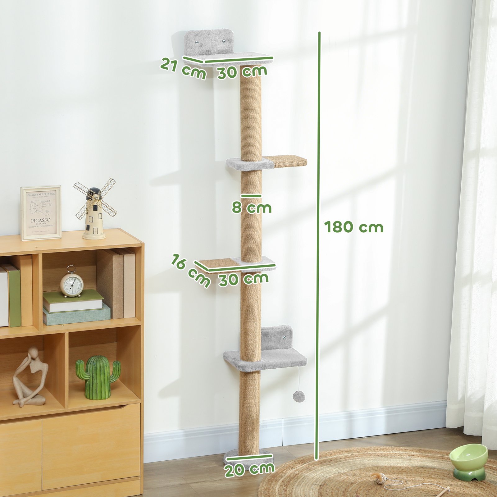 Wall Mounted Cat Shelves, Cat Climbing Wall with 4 Climbing Platforms, Jute Scratching Post and Toy Ball,180cm Tall, Light Grey