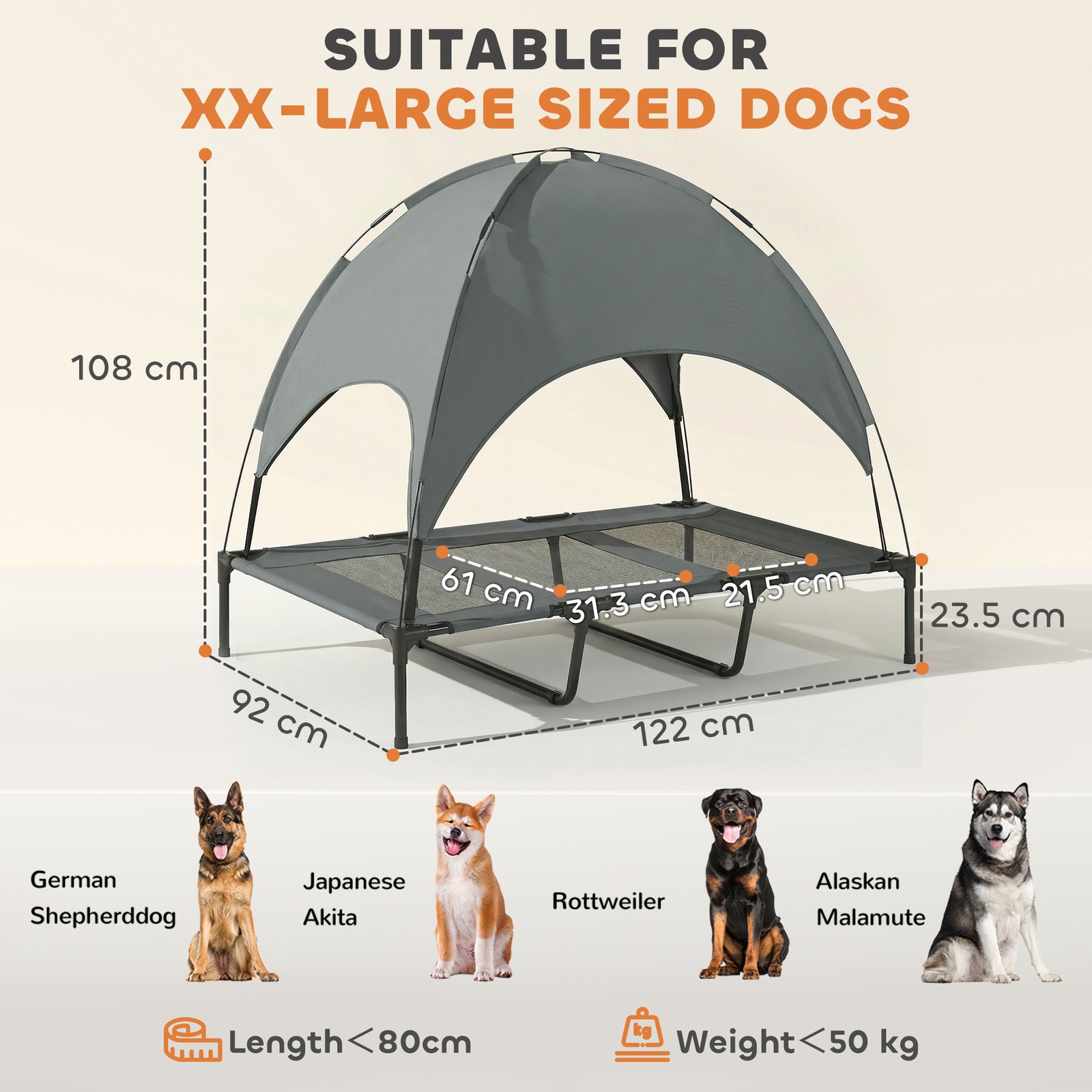 Outdoor Dog Bed with Removable Canopy, Portable Raised Dog Bed for Camping, Garden & Beach, Water-Resistant UV-Protection Mesh Pet Cot Sun Lounger, for XL Pets, 122 x 92 x 108 cm, Grey