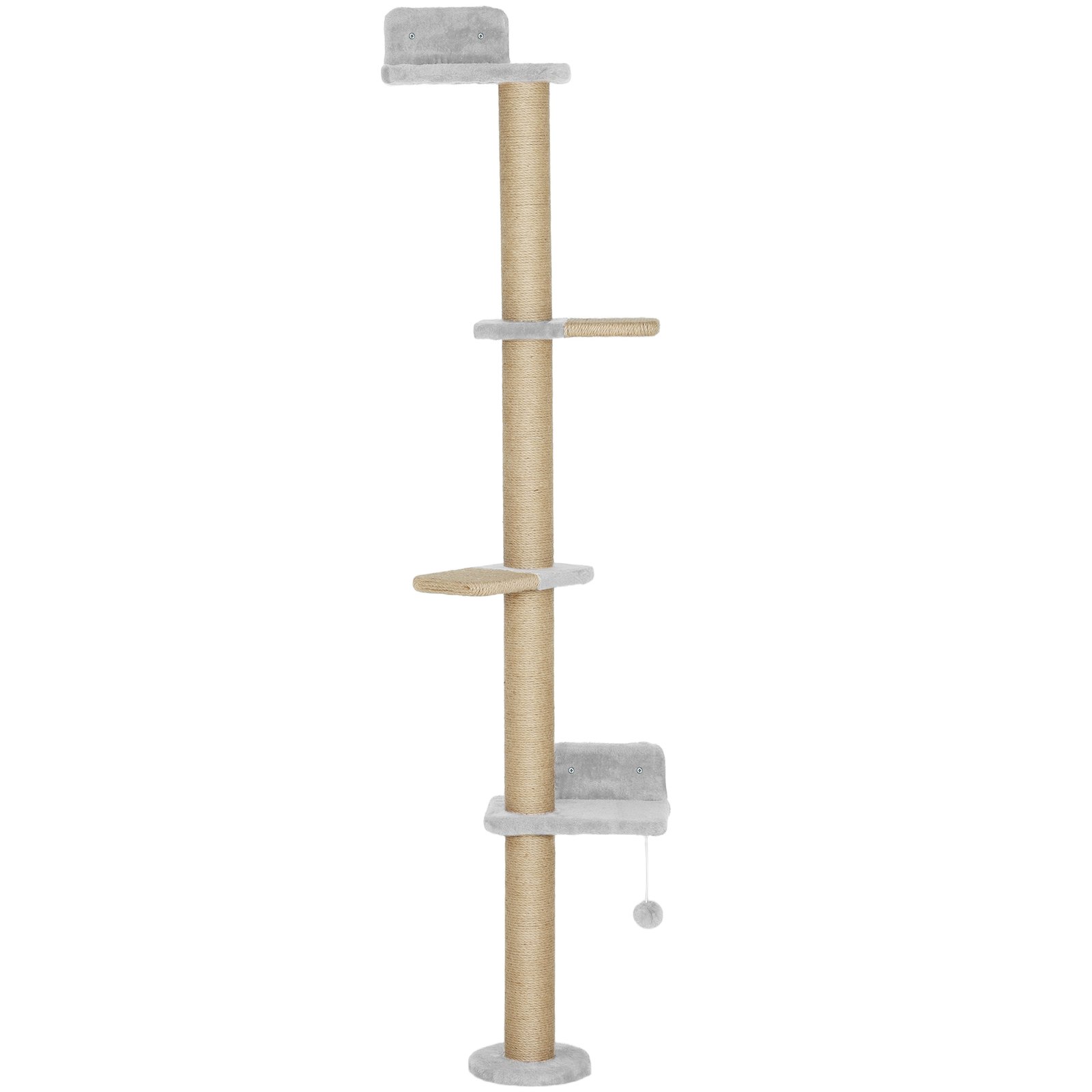Wall Mounted Cat Shelves, Cat Climbing Wall with 4 Climbing Platforms, Jute Scratching Post and Toy Ball,180cm Tall, Light Grey