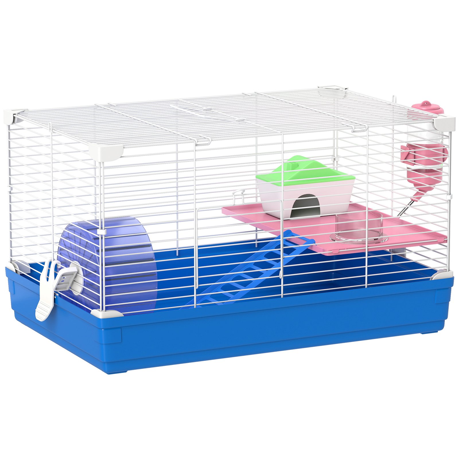 Hamster Cage, Small Gerbil Cage 2 Tiers Portable w/ Handle, Exercise Wheel, Water Bottle, Dishes, Blue