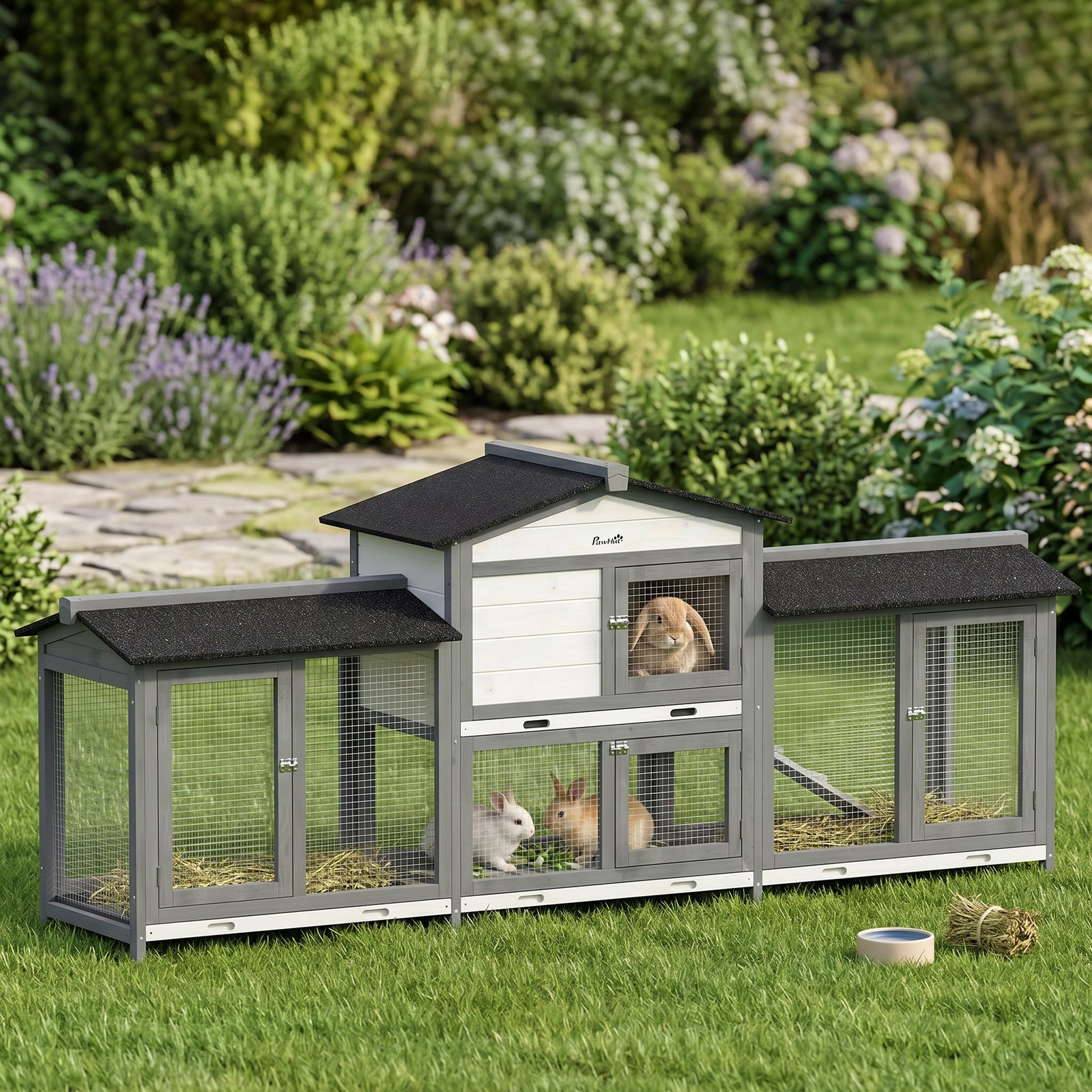2-Tier Large Rabbit Hutch Outdoor with Double Side Run Boxes, No-leak Plastic Tray, Ramp, 230 x 53 x 93.5cm, Light Grey