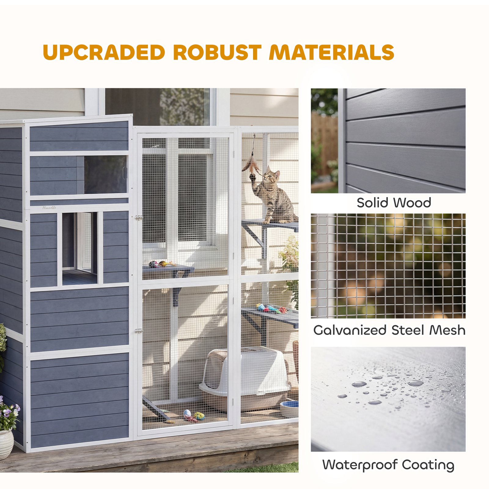4-Tier Wooden Catio Cat Outdoor Enclosure with Sun Roof, Resting Rooms, 3 Platforms, Window Outdoor Indoor, Grey