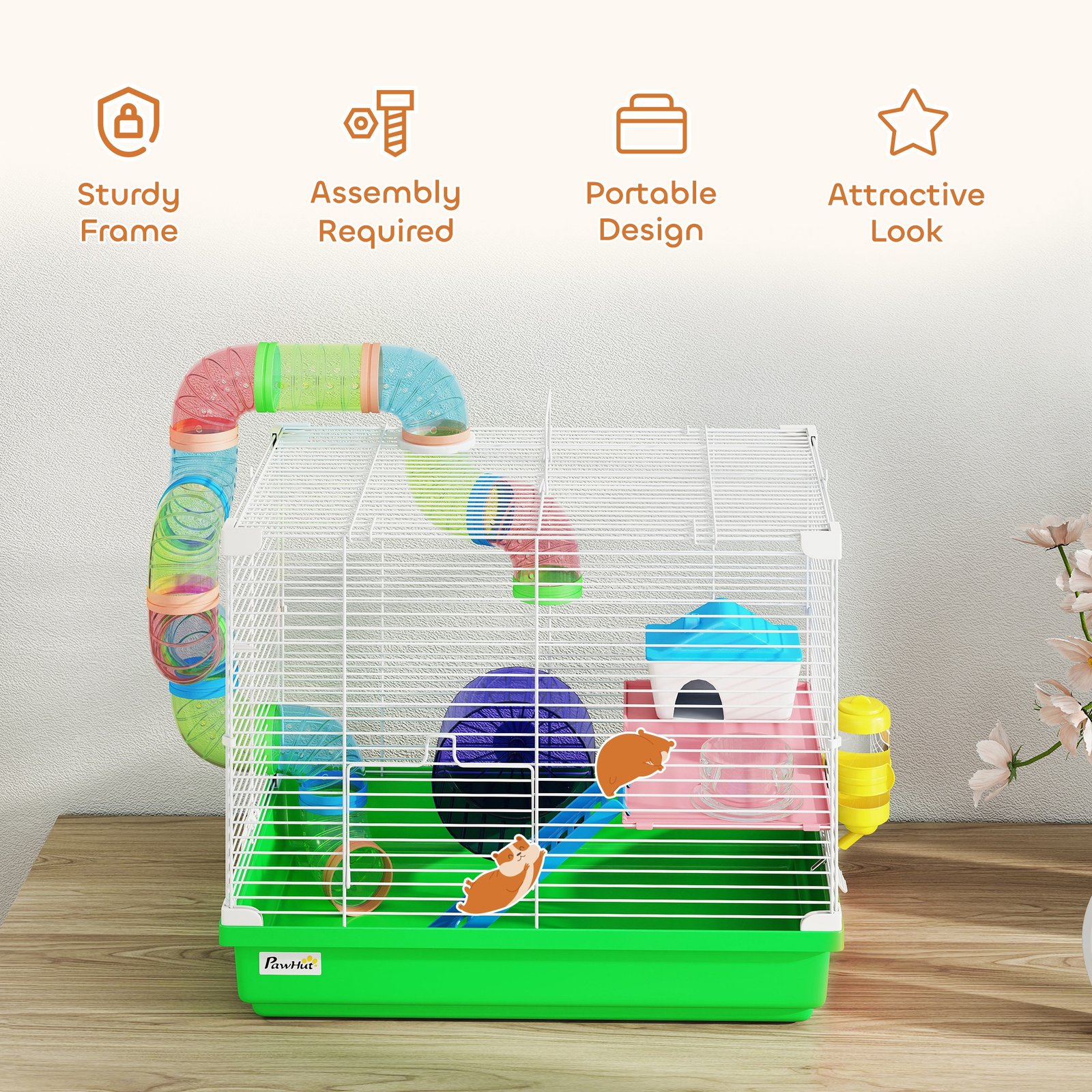 2 Tier Hamster Cage, Gerbil Cage with Handle, Exercise Wheels, Tunnel, Water Bottle, Dishes, Ladder, for Dwarf