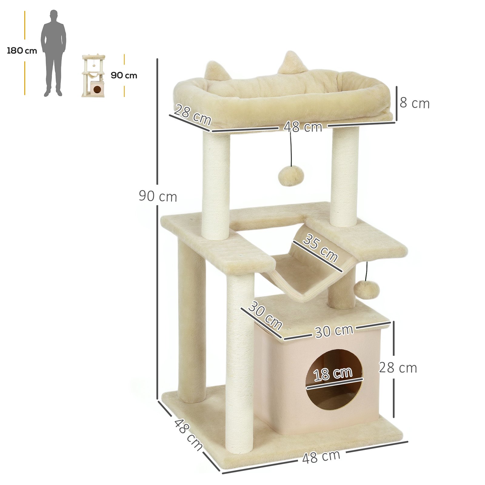 Cat Tree, 90cm Cat Tower with Sisal Scratching Posts, Cat Condo, Hammock, Top Perch and 2 Hanging Toys for Cats, Beige