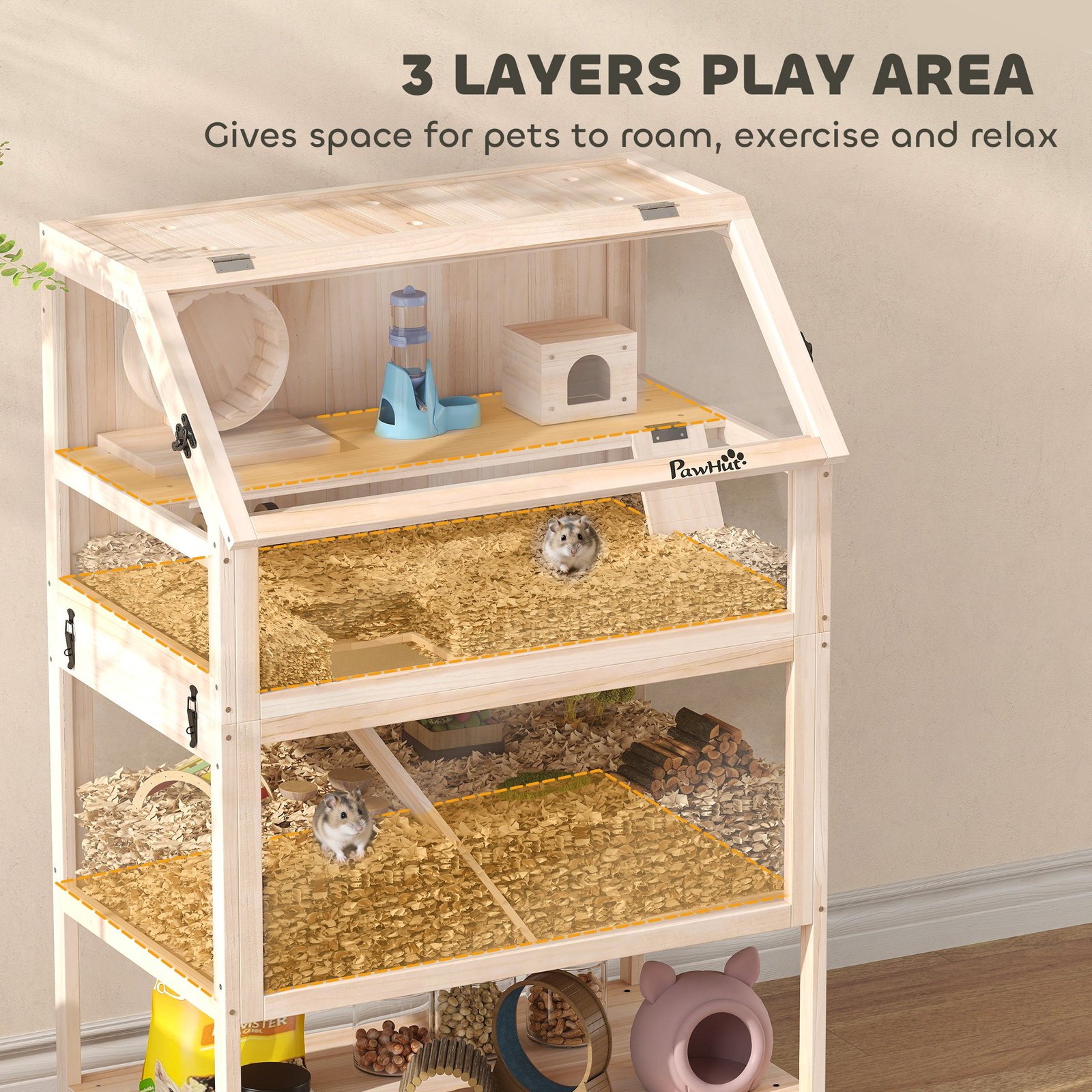 Wooden Hamster Cage with Detachable Lower Floor, Storage Shelf, Hut, Seesaw, Exercise Wheel, Ramps for Hamster