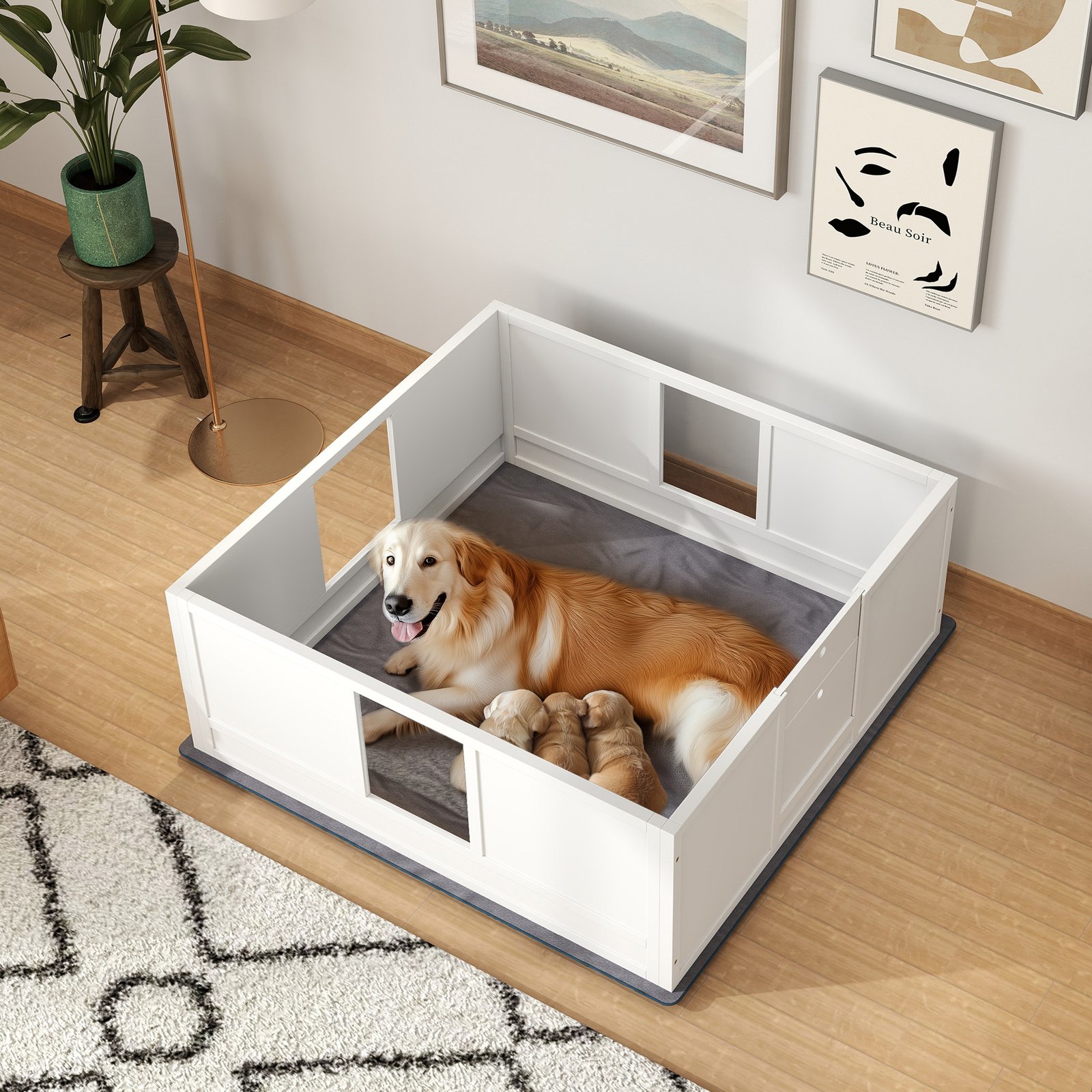 Whelping Box for Dogs with Whelping Pad, Adjustable Entrance, Non-slip Foot Pads, for Large Dogs, 124 x 120cm