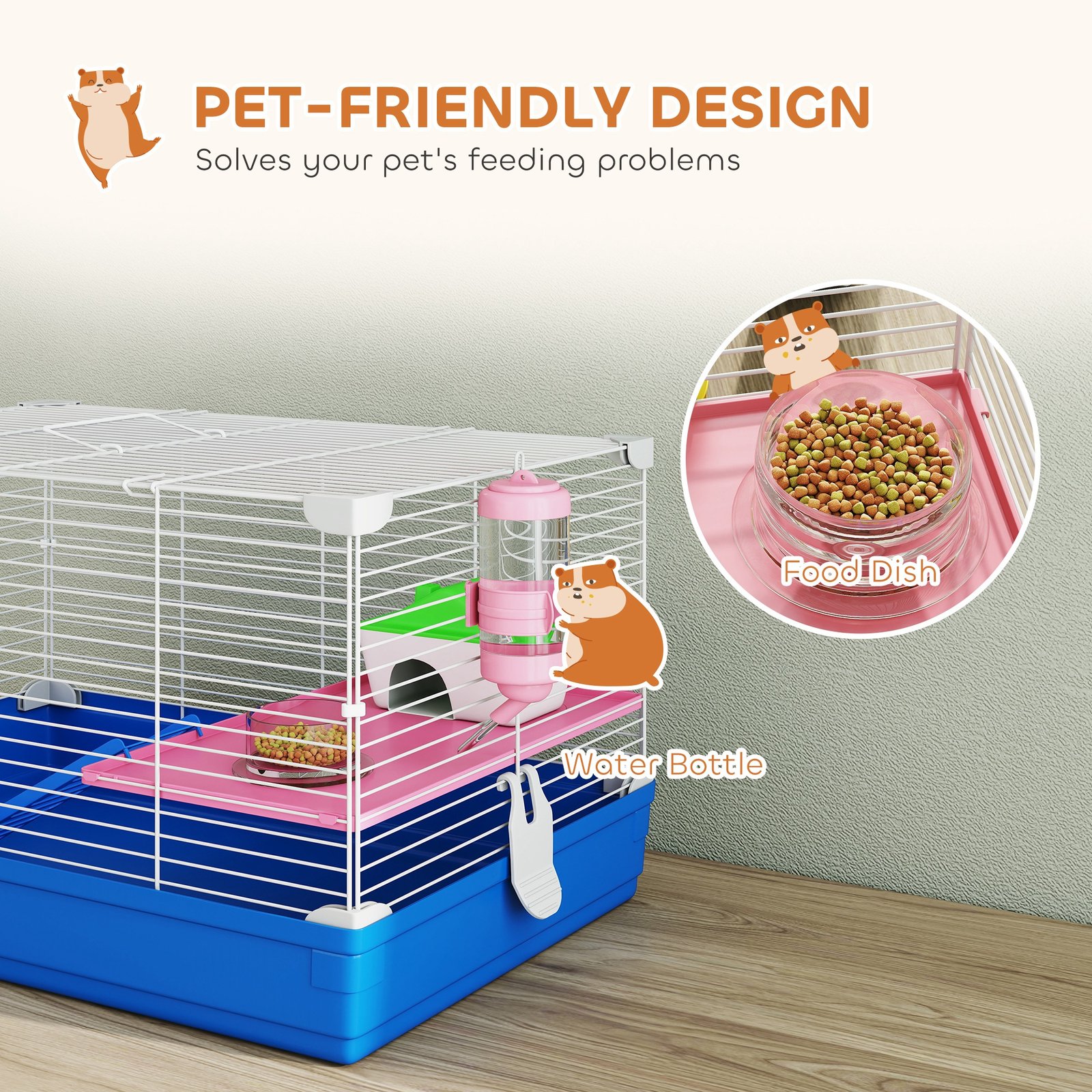 Hamster Cage, Small Gerbil Cage 2 Tiers Portable w/ Handle, Exercise Wheel, Water Bottle, Dishes, Blue