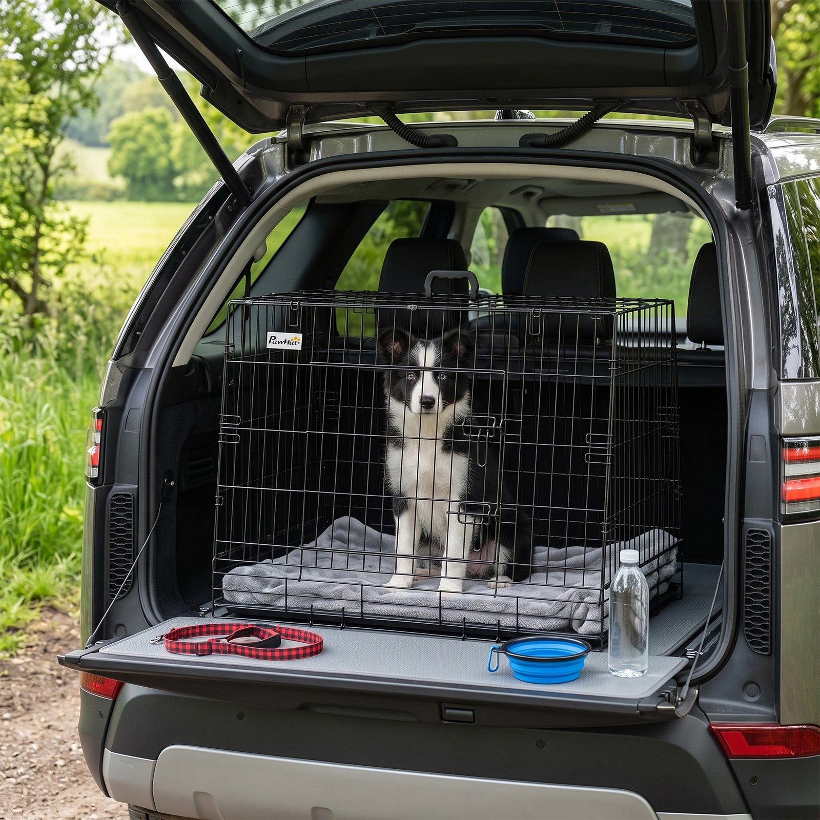 35"(90 cm) Car Dog Crate Medium Large Collapsible Slanted Travel Dog Cage with Tray for Car Boot