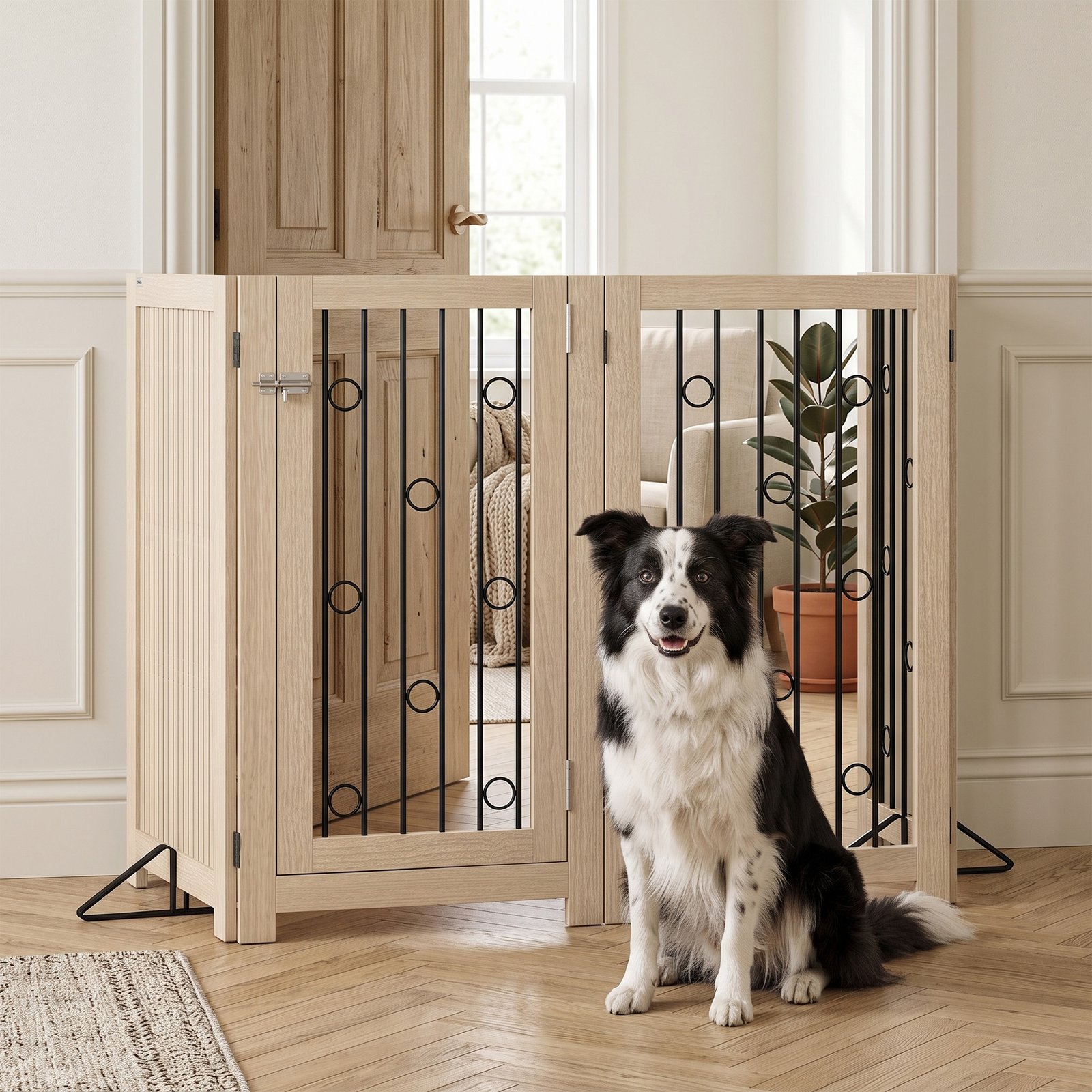 4 Panel Freestanding Pet Gate, Indoor Dog Barrier with Lockable Door, Support Feet, 360° Flexible Hinges, Oak
