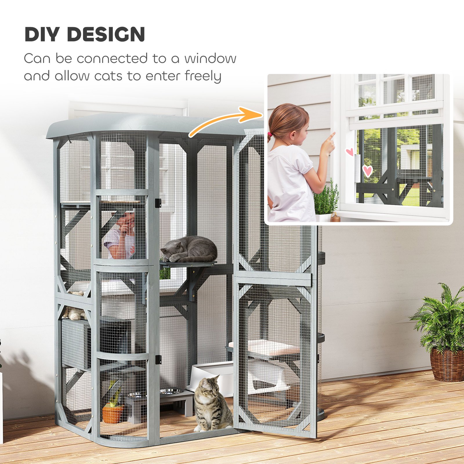 Catio Outdoor Cat Enclosure, Wooden Cat House with Platforms, Condo and Waterproof Cover for 2–3 Kittens, Grey