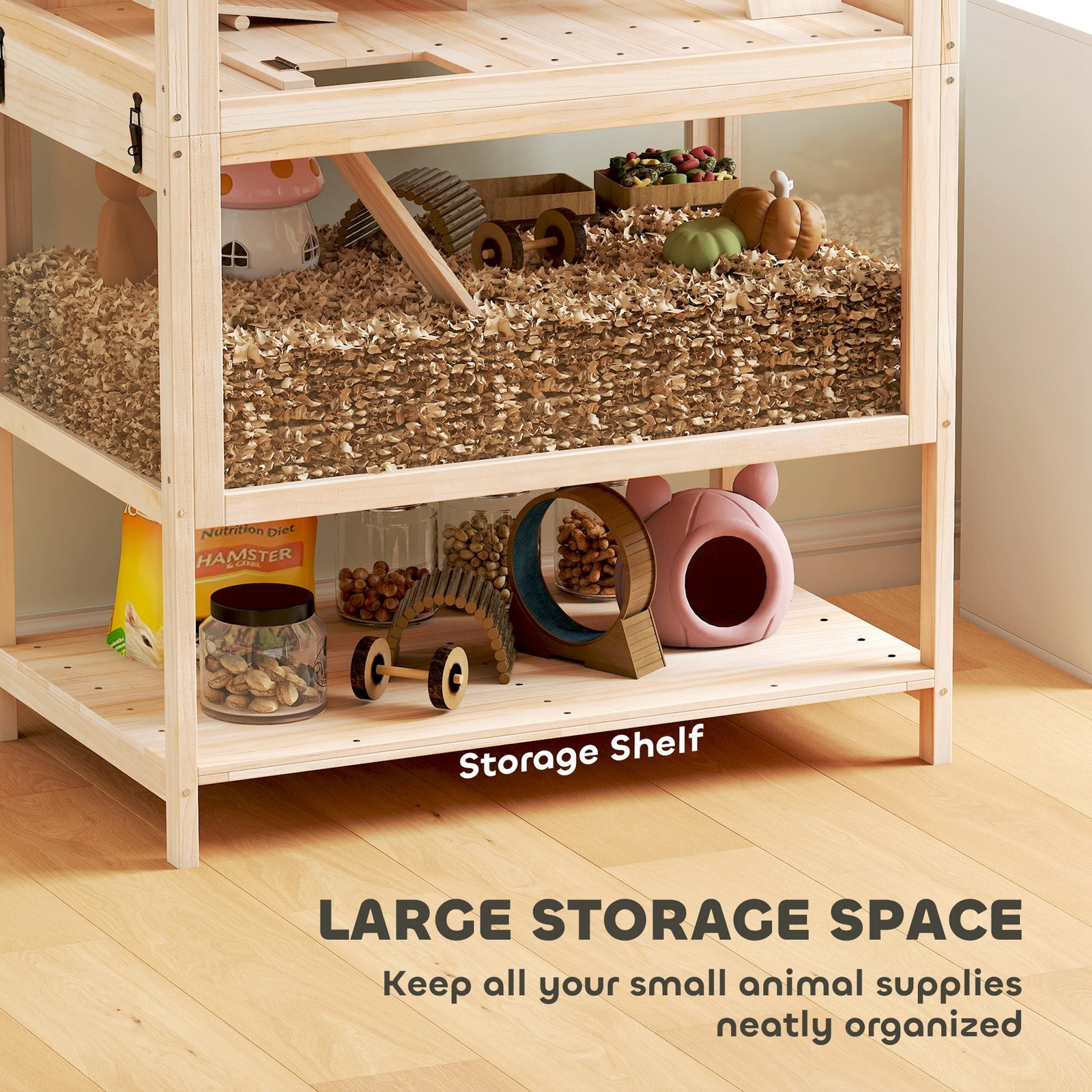 Wooden Hamster Cage with Detachable Lower Floor, Storage Shelf, Hut, Seesaw, Exercise Wheel, Ramps for Hamster