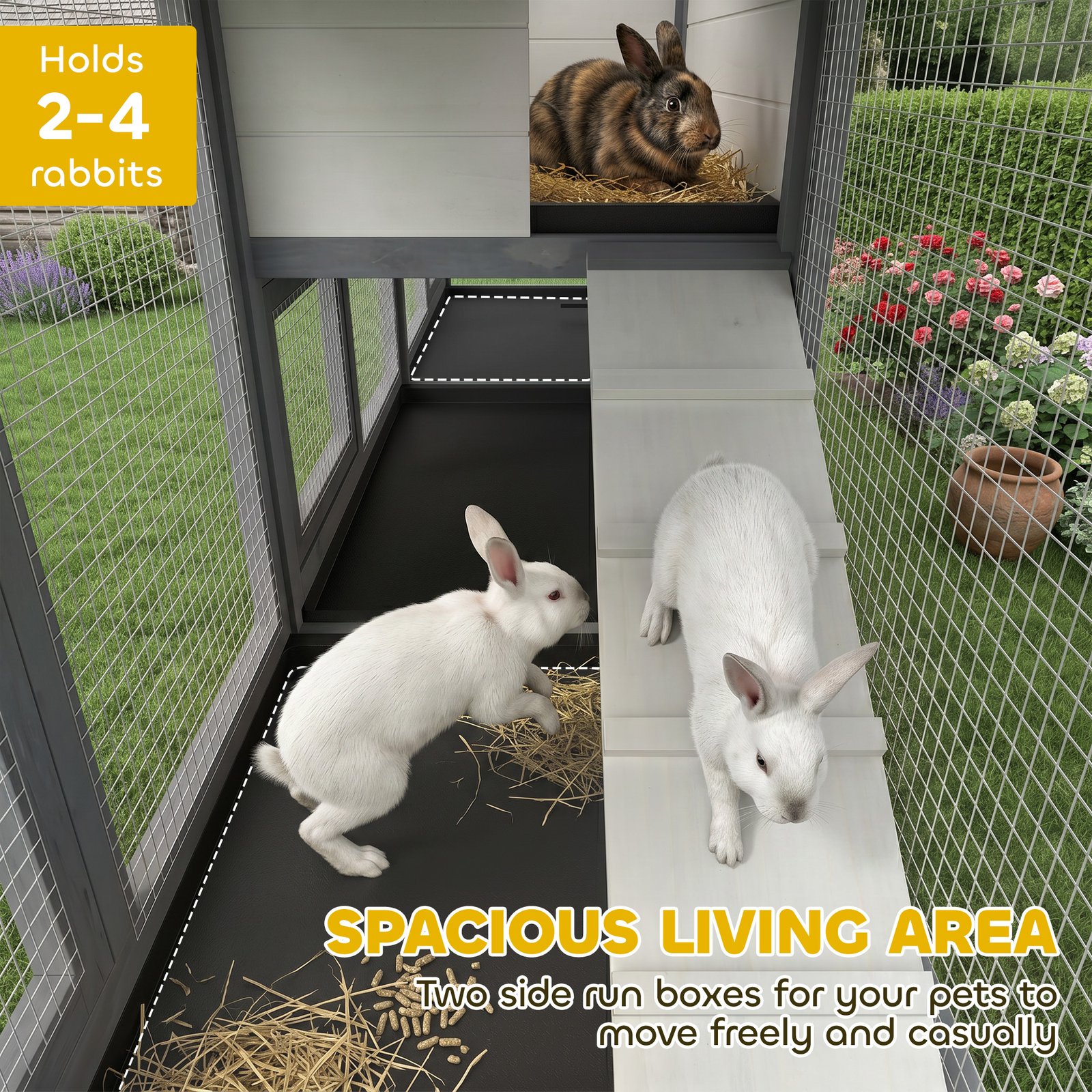 2-Tier Large Rabbit Hutch Outdoor with Double Side Run Boxes, No-leak Plastic Tray, Ramp, 230 x 53 x 93.5cm, Light Grey