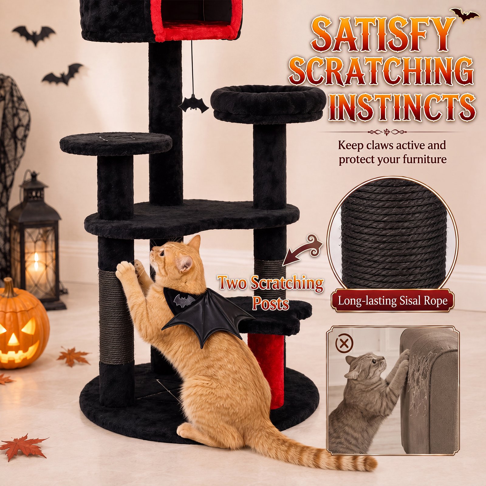 Gothic Cat Tree, 155cm Cat Tower for Indoor Kittens, Multi-Level Stable Kitten Activity Centre, Black, Halloween