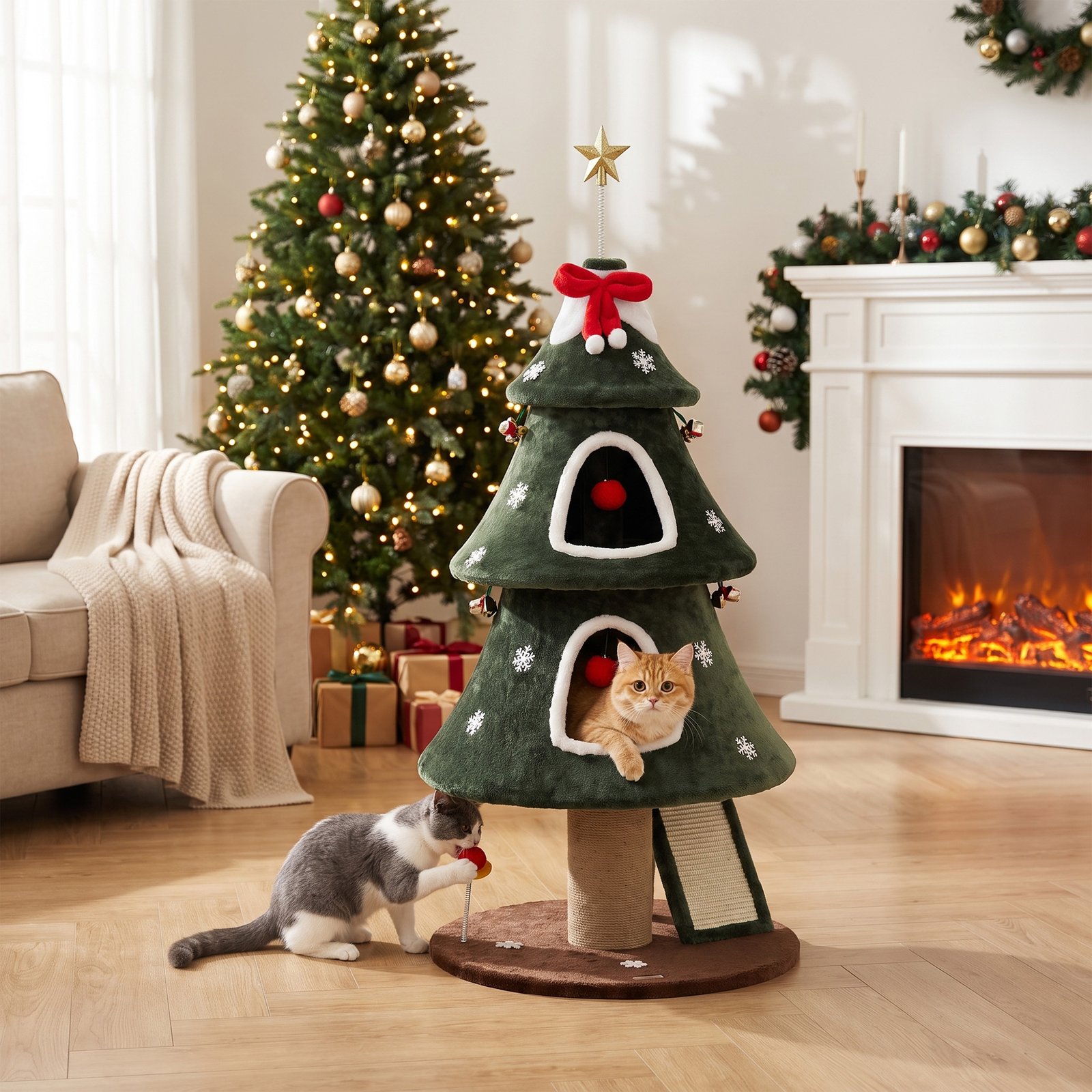 Cat Tree, Christmas Cat Tower with Dual Condos, Sisal Ladder, Jute Posts, Anti-Tip Rope, Hanging Balls, 60 x 60 x 132 cm