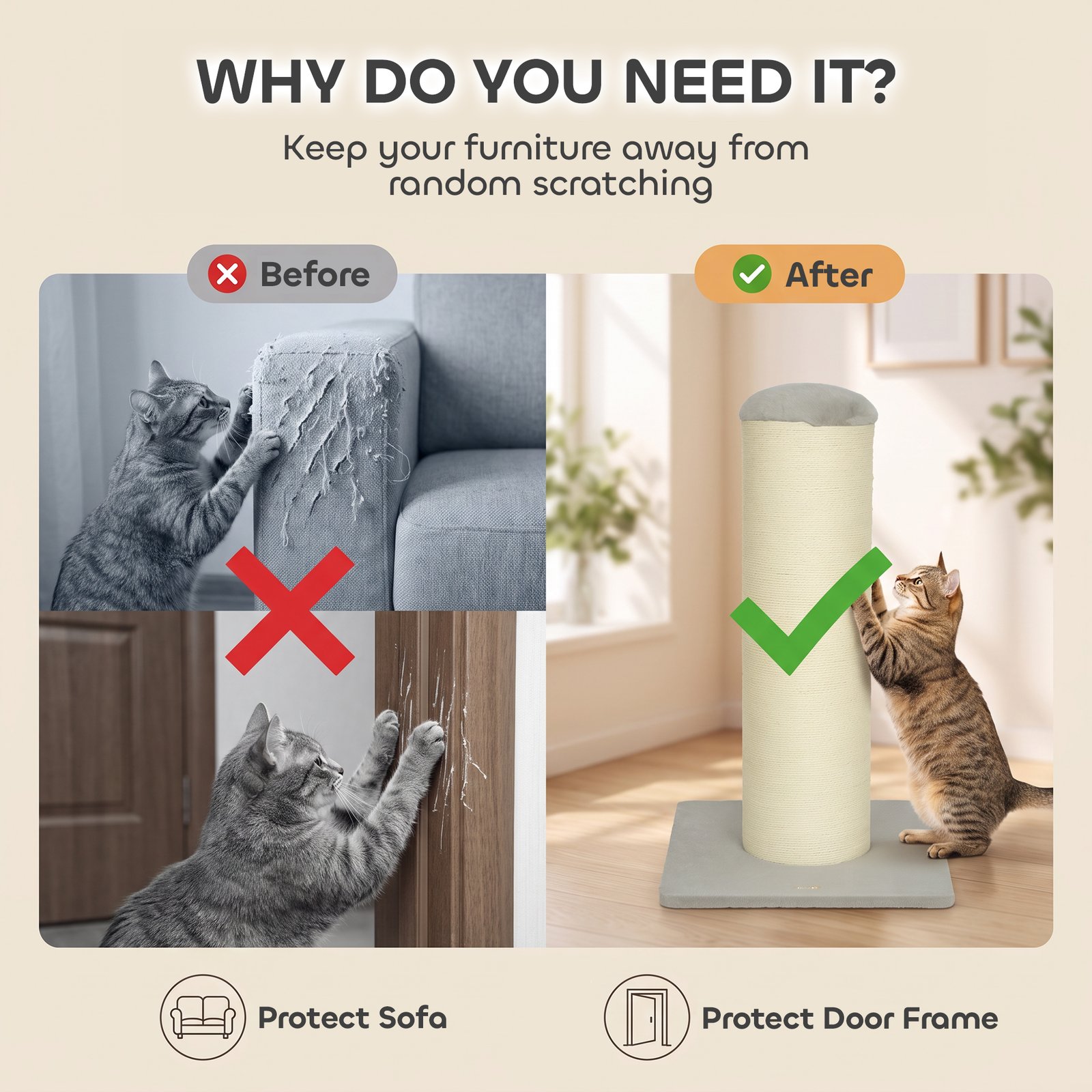 Cat Scratching Post, 76cm Tall Scratch Post for Indoor Kittens, Cat Scratcher with Stable Base