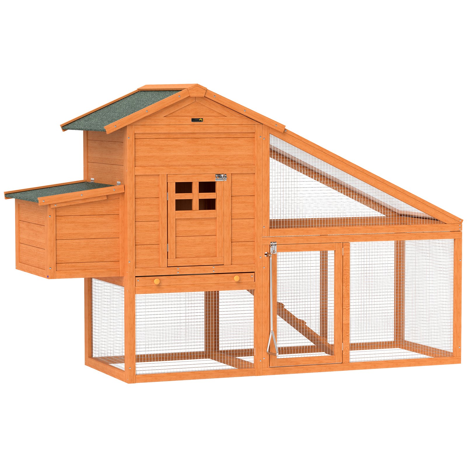Wooden Chicken Coop with Run, Nesting Box, Slide-out Tray, Ramp, Perches, Asphalt Roof, 179 x 67 x 115cm