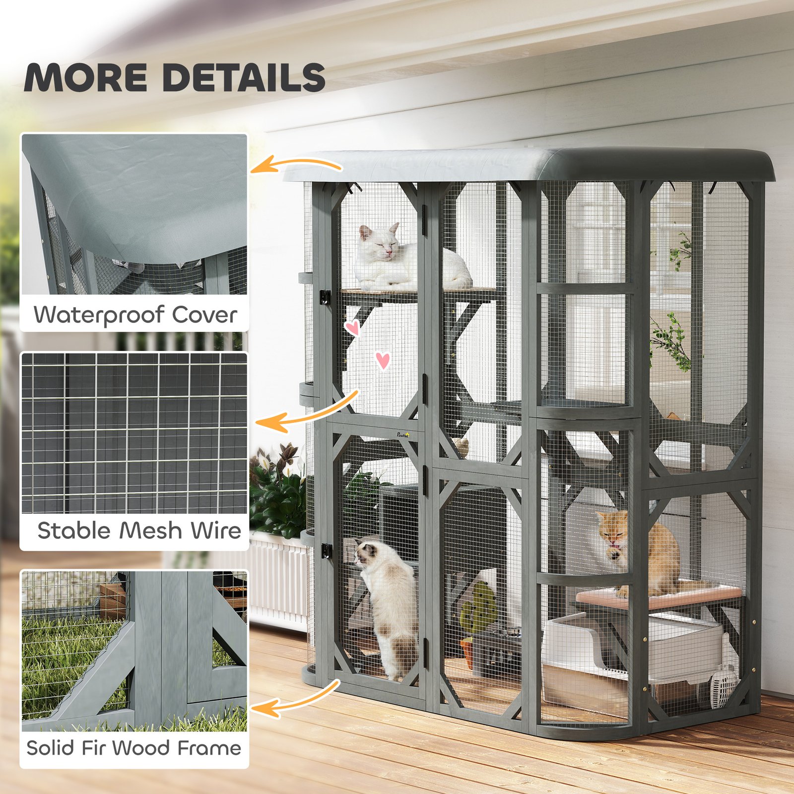 Catio Outdoor Cat Enclosure, Wooden Cat House with Platforms, Condo and Waterproof Cover for 2–3 Kittens, Grey