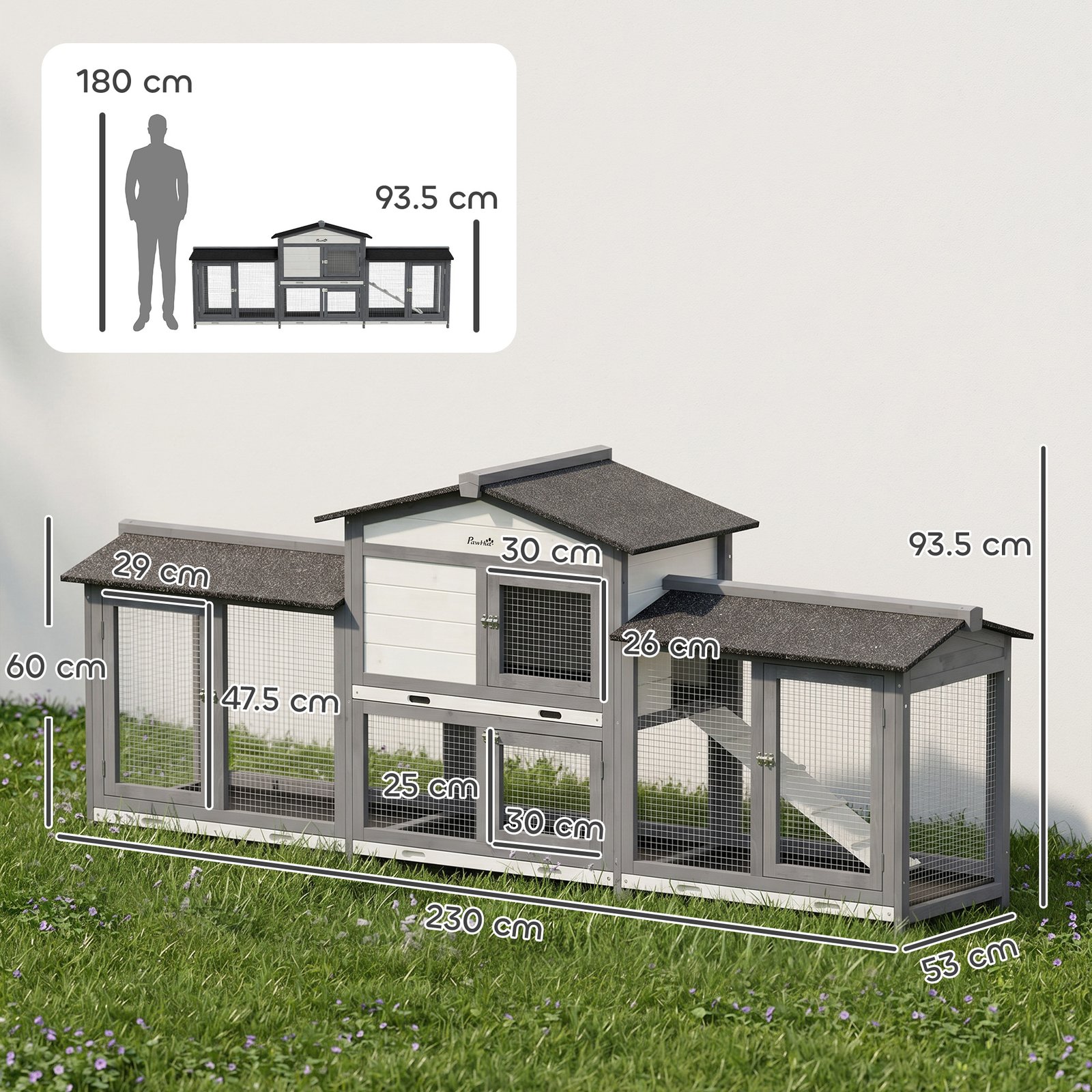 2-Tier Large Rabbit Hutch Outdoor with Double Side Run Boxes, No-leak Plastic Tray, Ramp, 230 x 53 x 93.5cm, Light Grey