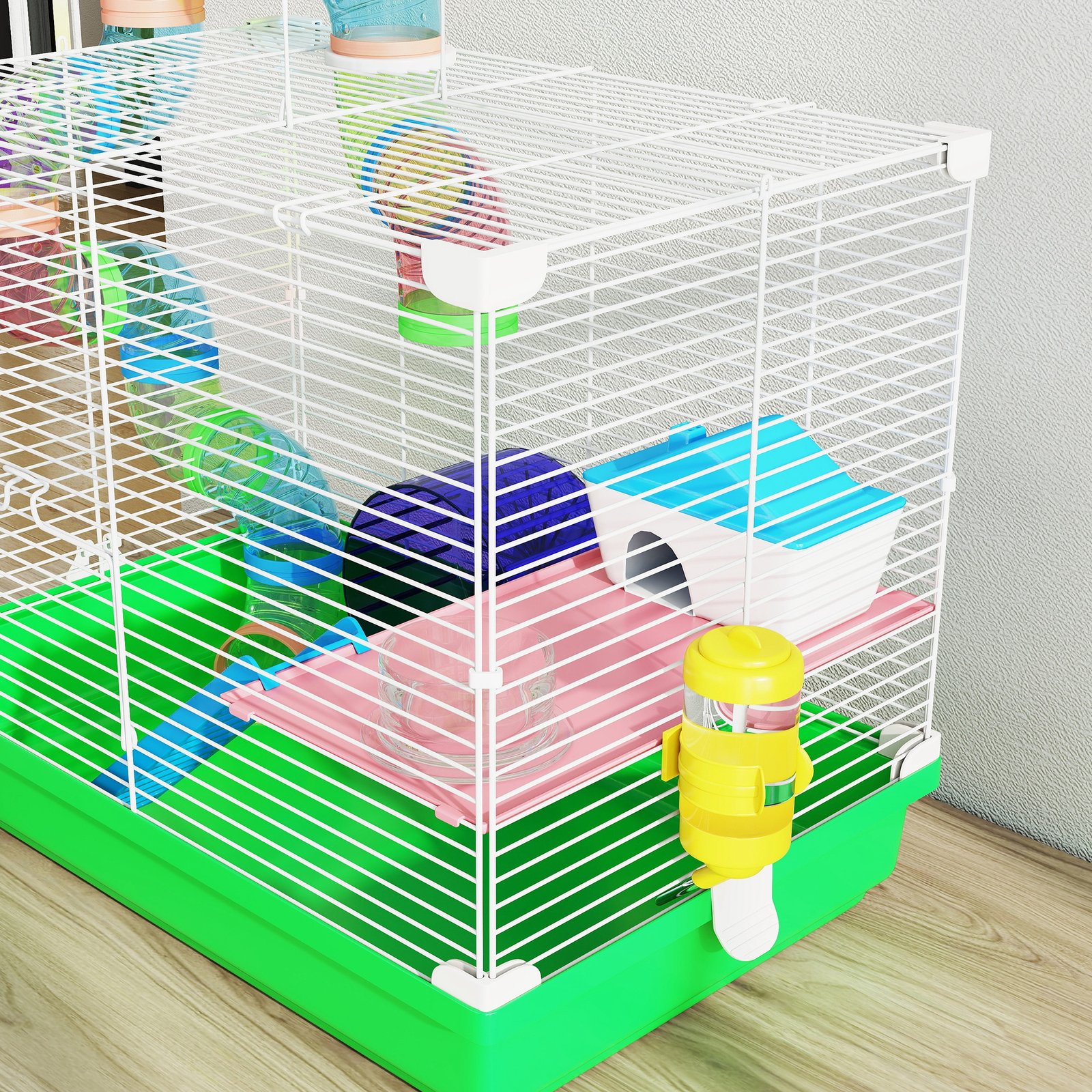 2 Tier Hamster Cage, Gerbil Cage with Handle, Exercise Wheels, Tunnel, Water Bottle, Dishes, Ladder, for Dwarf