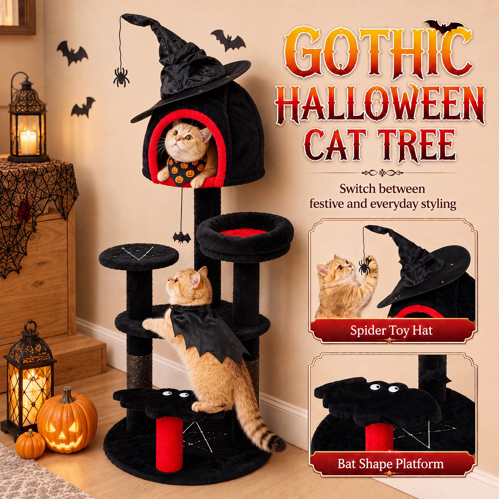 Gothic Cat Tree, 155cm Cat Tower for Indoor Kittens, Multi-Level Stable Kitten Activity Centre, Black, Halloween