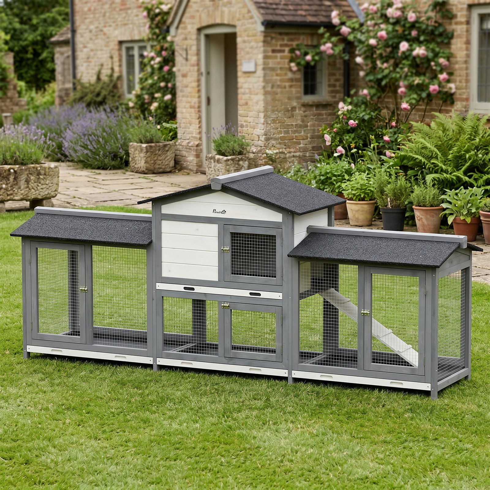 2-Tier Large Rabbit Hutch Outdoor with Double Side Run Boxes, No-leak Plastic Tray, Ramp, 230 x 53 x 93.5cm, Light Grey