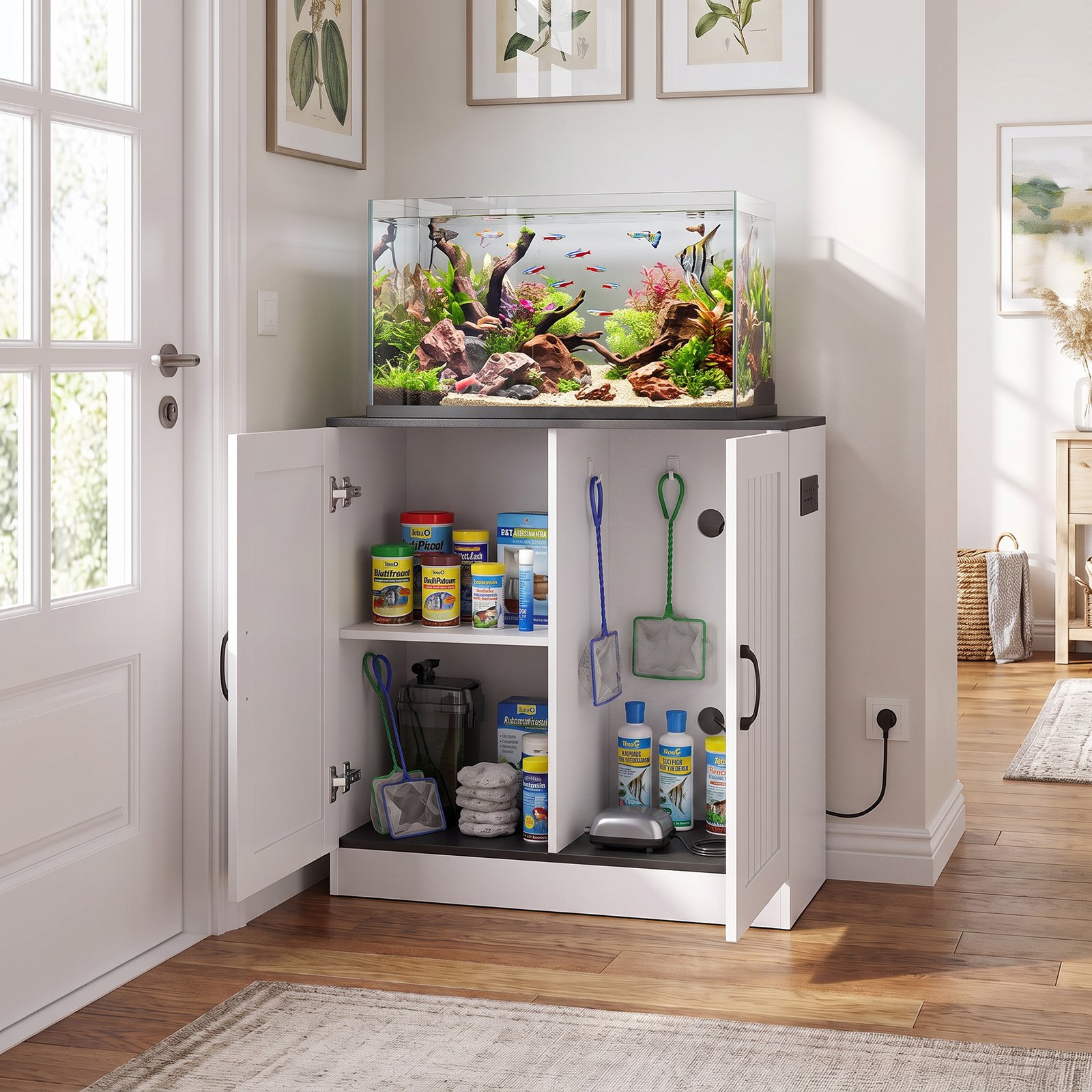 Fish Tank Stand, 20-29 Gallon Aquarium Stand with Cabinet Storage, Power Outlets and Anti-Tip Kit, White