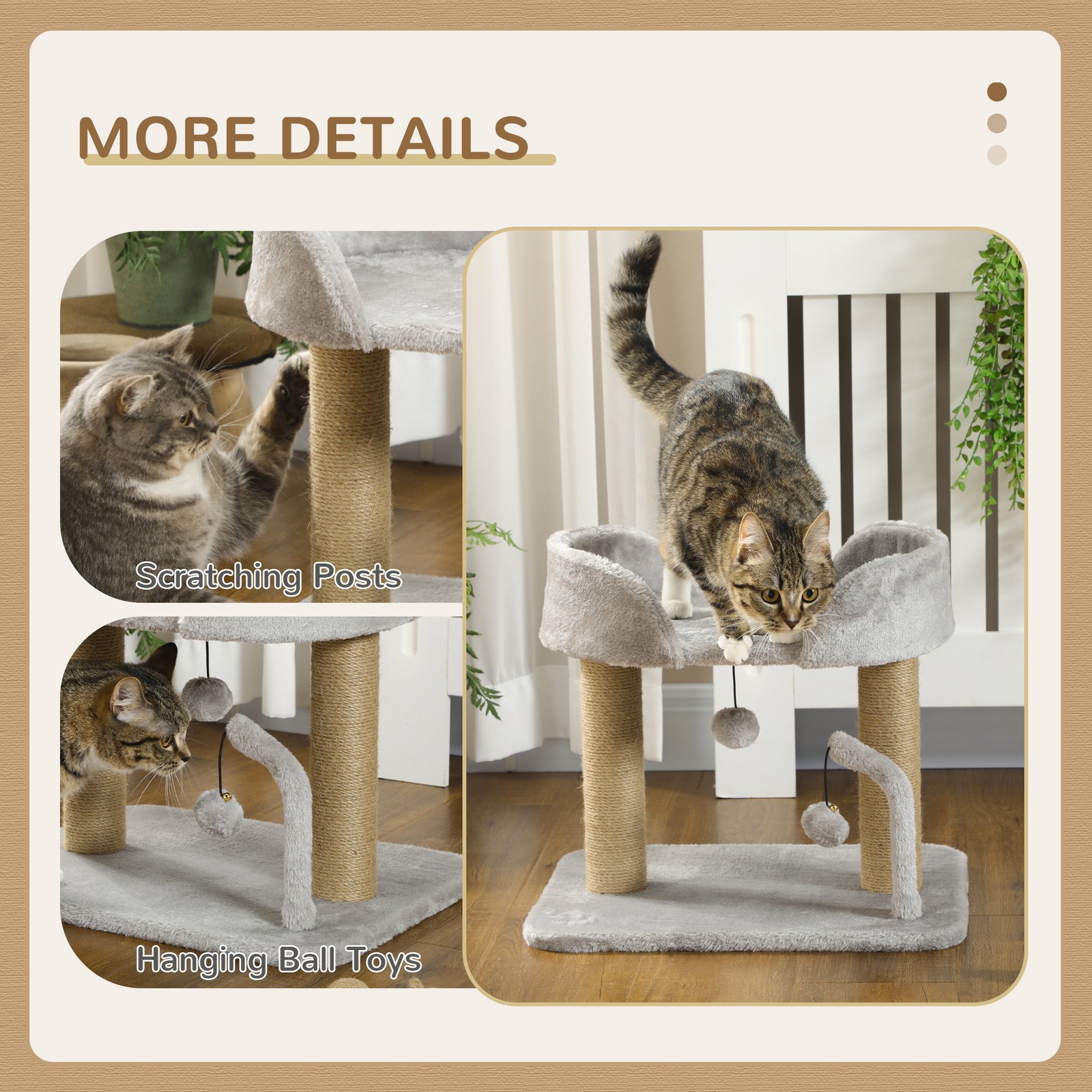 42cm Indoor Cat Tree, with Toy Balls, Jute Scratching Post - Light Grey
