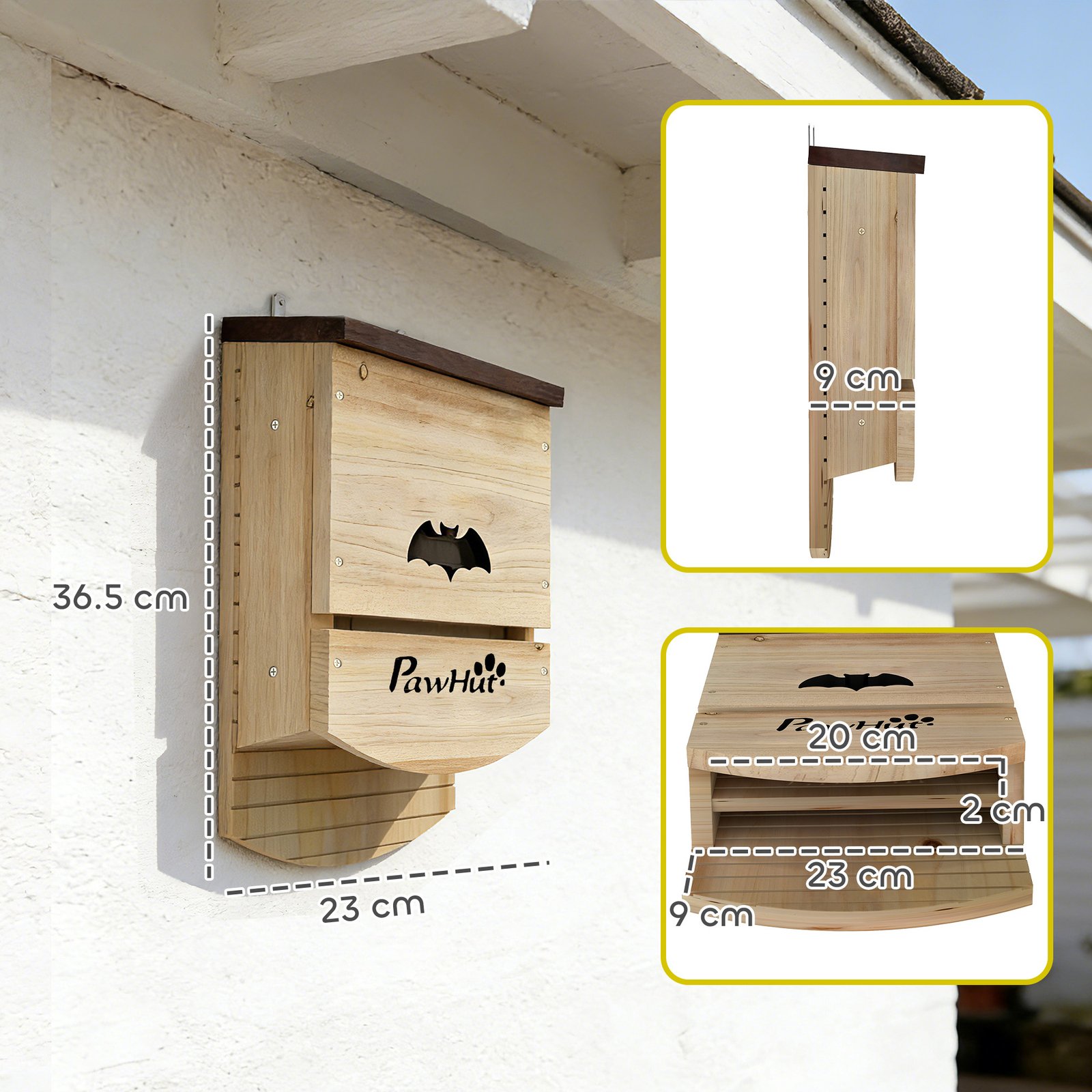 Bat Boxes, Pack of 3 Wooden Bat Houses for Outdoor, Garden, Farm, Easy to Hang, 23 x 9.5 x 36.5 cm, Natural