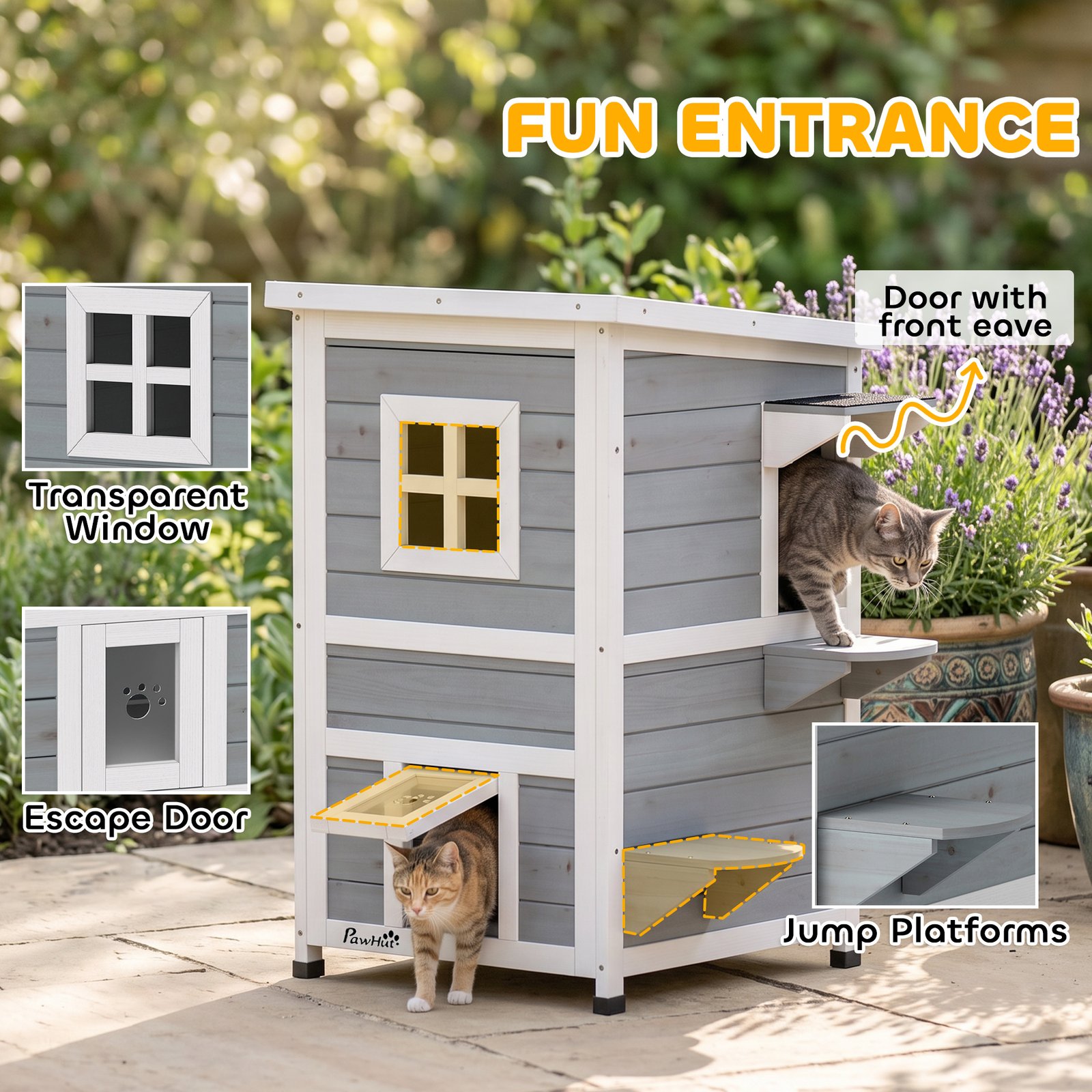 Wooden Cat House 2-Floor Outdoor Kitten Shelter with 3 Doors and Window Grey