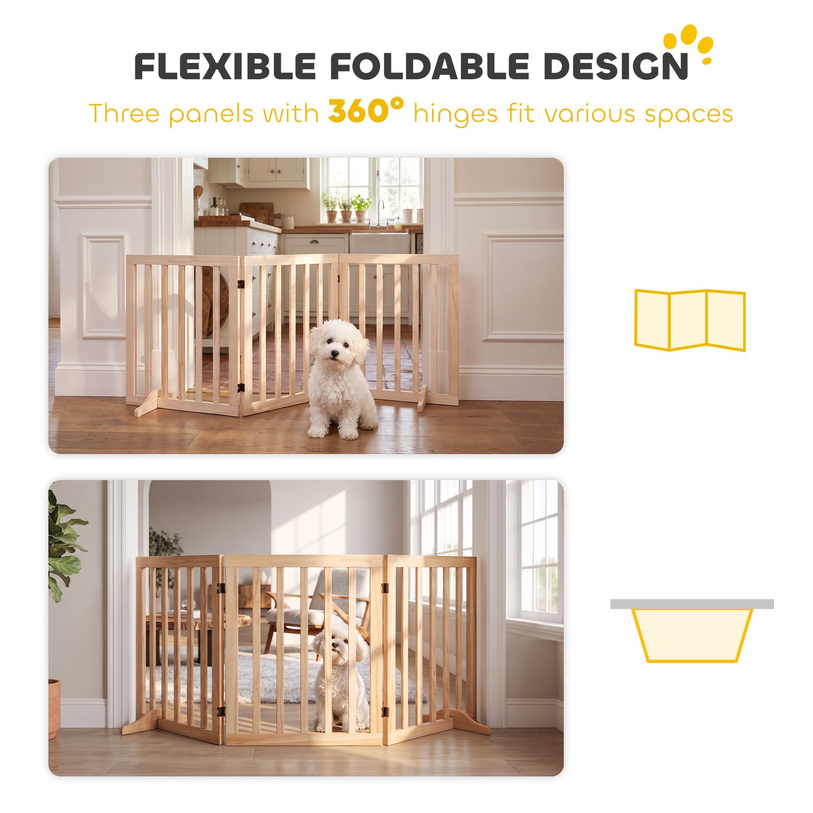 Wooden Dog Gate, 3-Panel Freestanding Pet Gates Indoor with 2 Support Feet and 360° Flexible Hinges, Natural