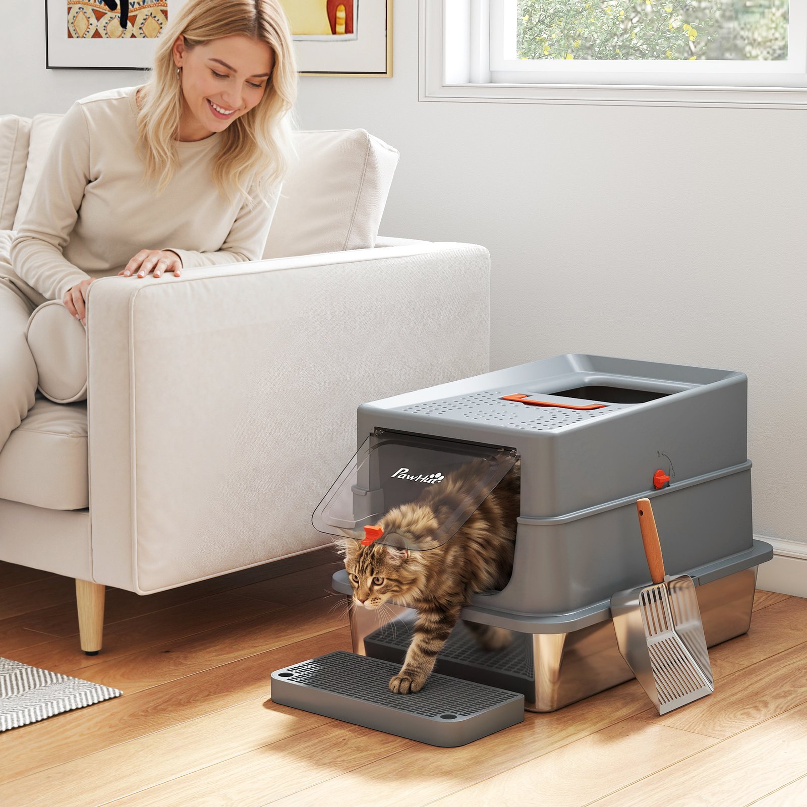 Stainless Steel Cat Litter Tray with Lid, XL 90L Enclosed Cat Litter Box with Step, Scoop, High Side, Dark Grey