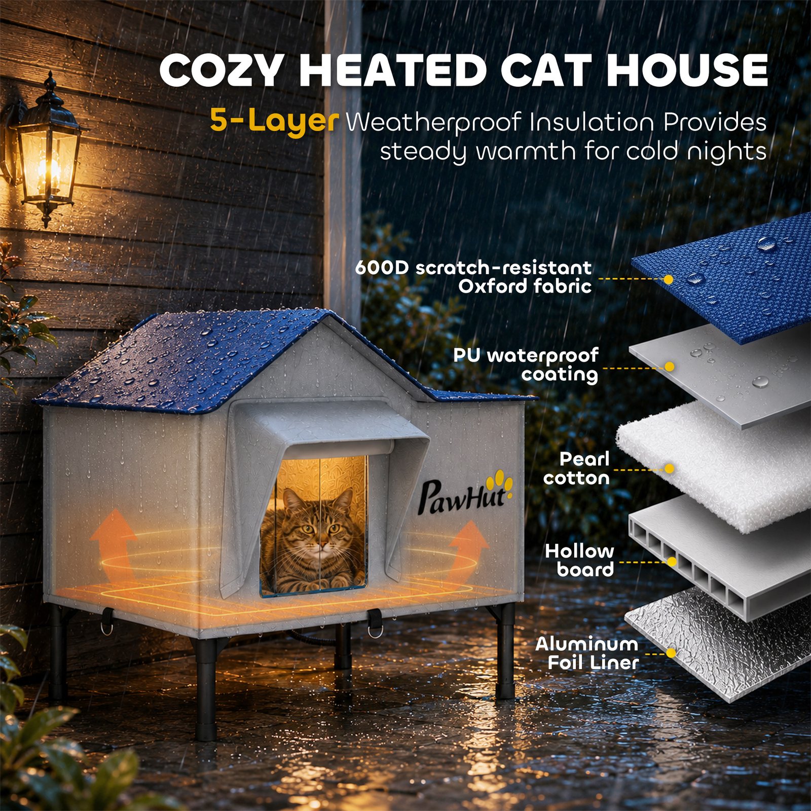 Heated Cat House Weatherproof w/ Heating Pad, Elevated Base, Escape Door, Cat Winter Shelter for Stray, Barn Cats