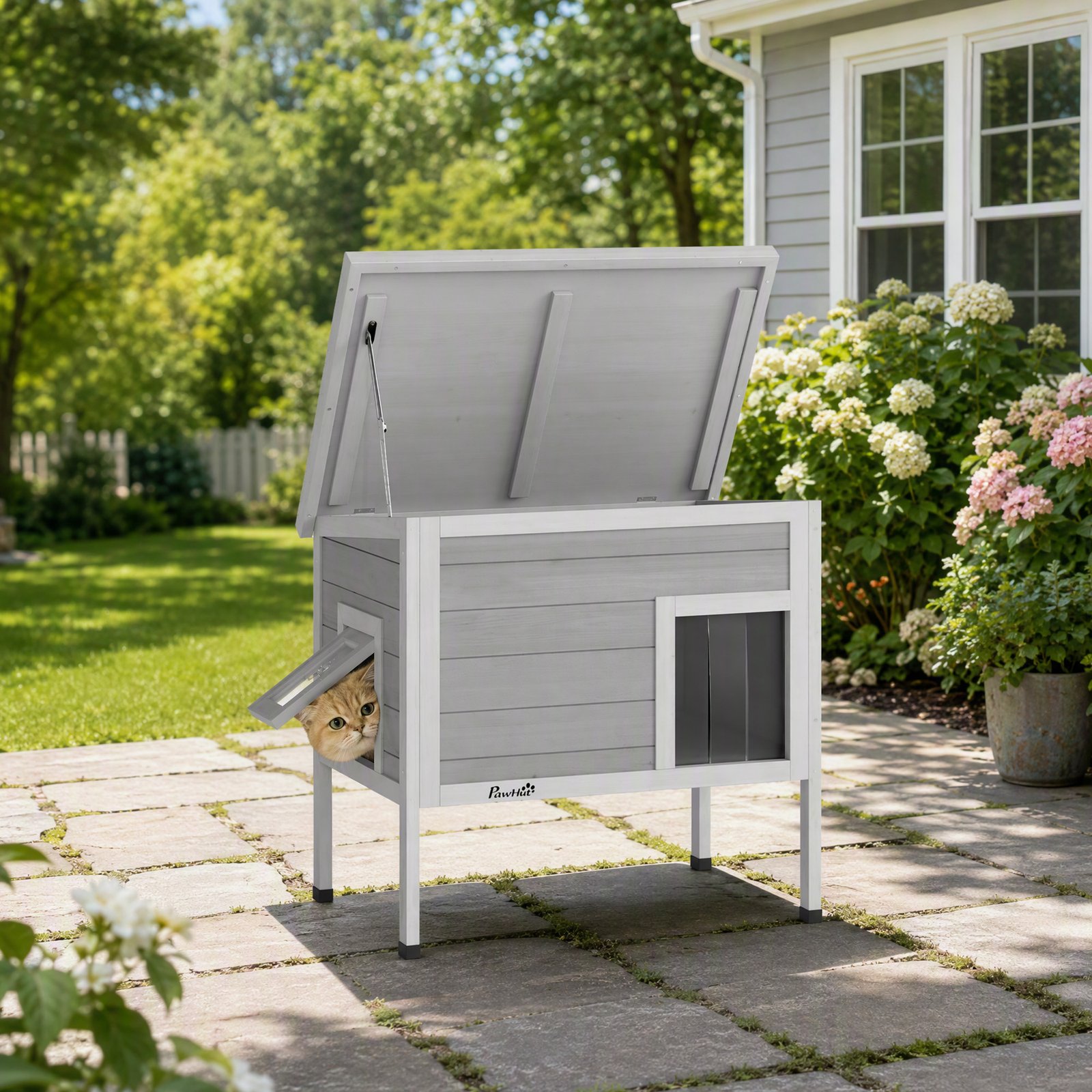 Outdoor Cat House, Insulated Cat Shelter with Insulated Liner, Waterproof Asphalt Roof, Escape Door, Opening Top