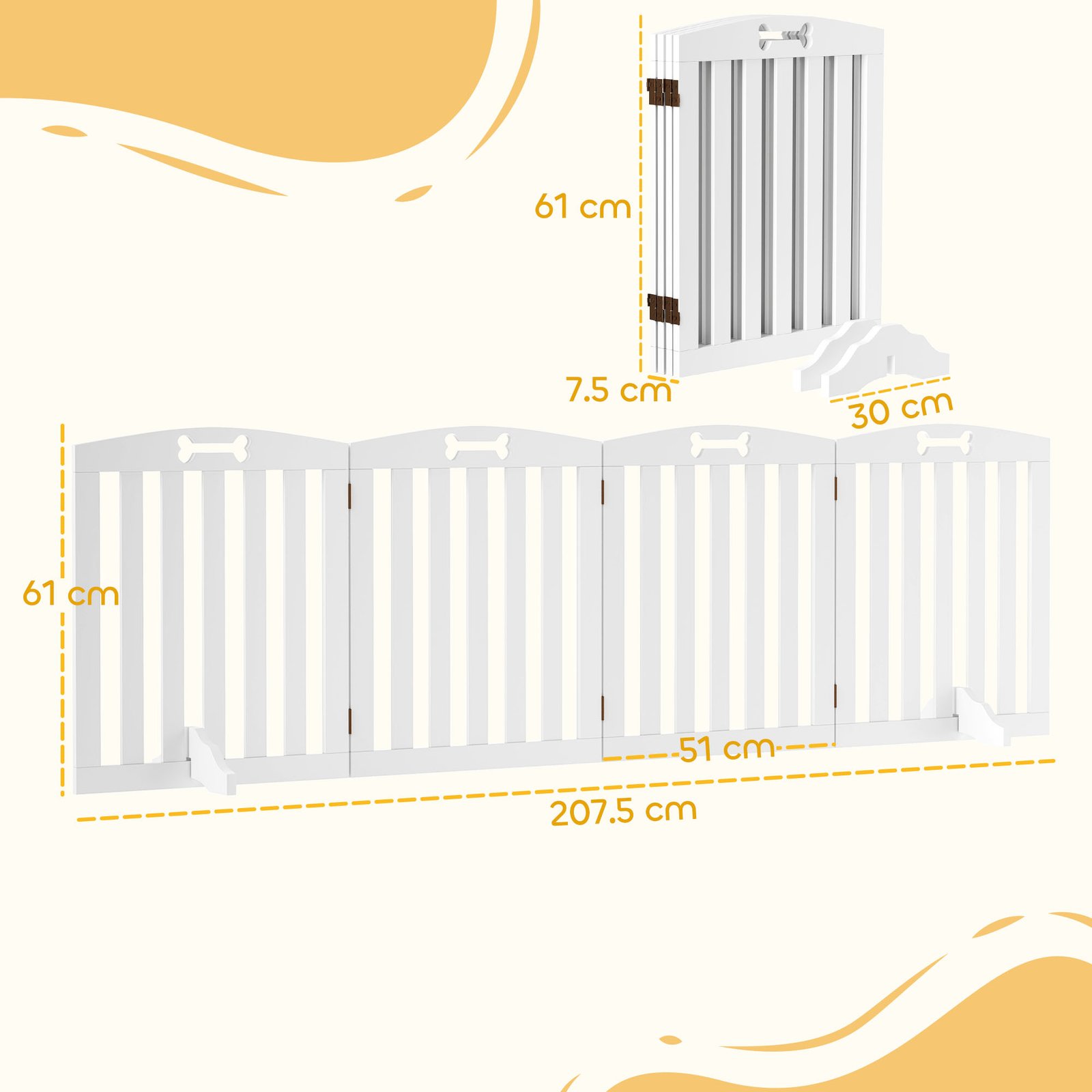 Wooden Dog Gate, Freestanding Pet Gate with Support Feet for Doorways, Hallways, Stairs, 207.5L x 61H cm, White