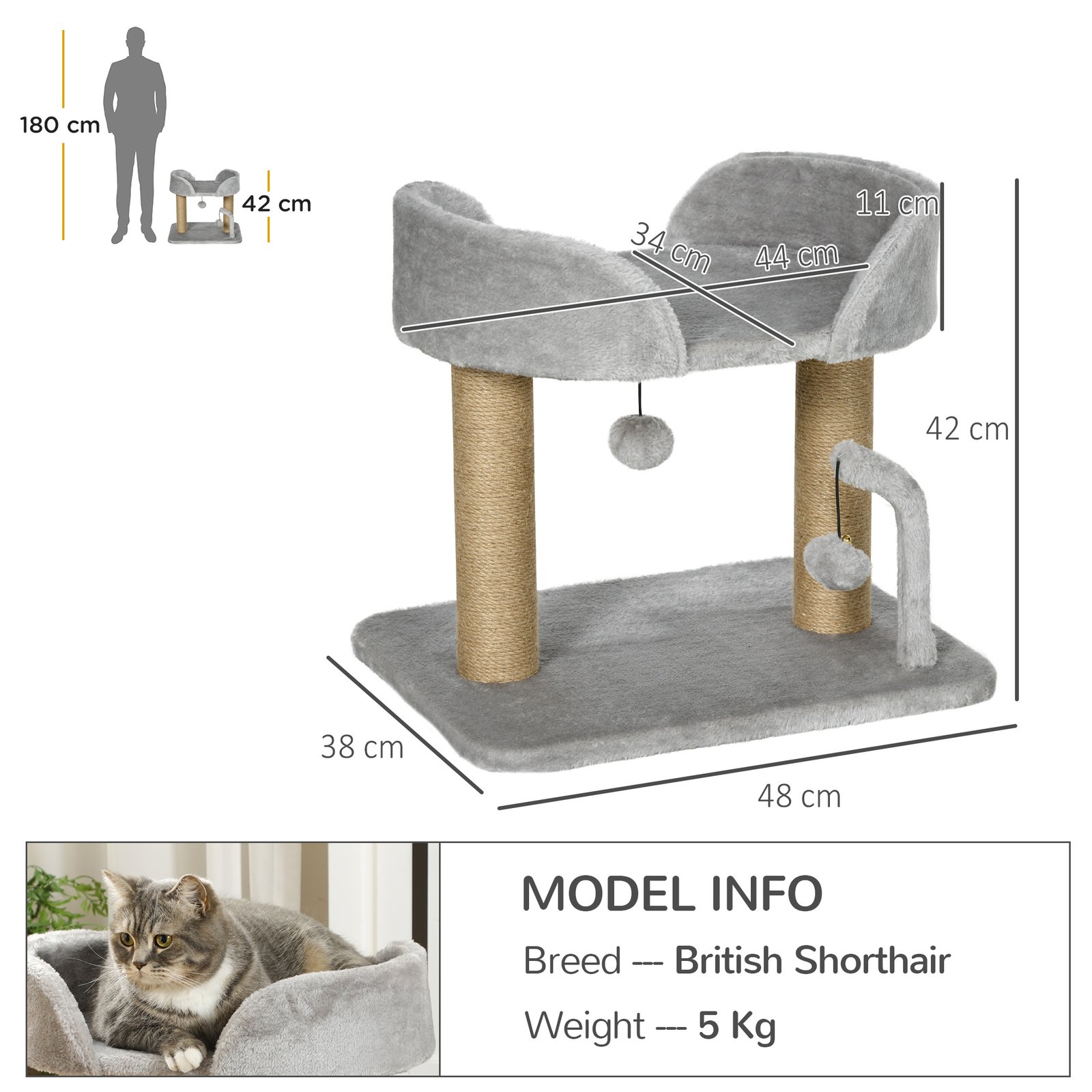 42cm Indoor Cat Tree, with Toy Balls, Jute Scratching Post - Light Grey