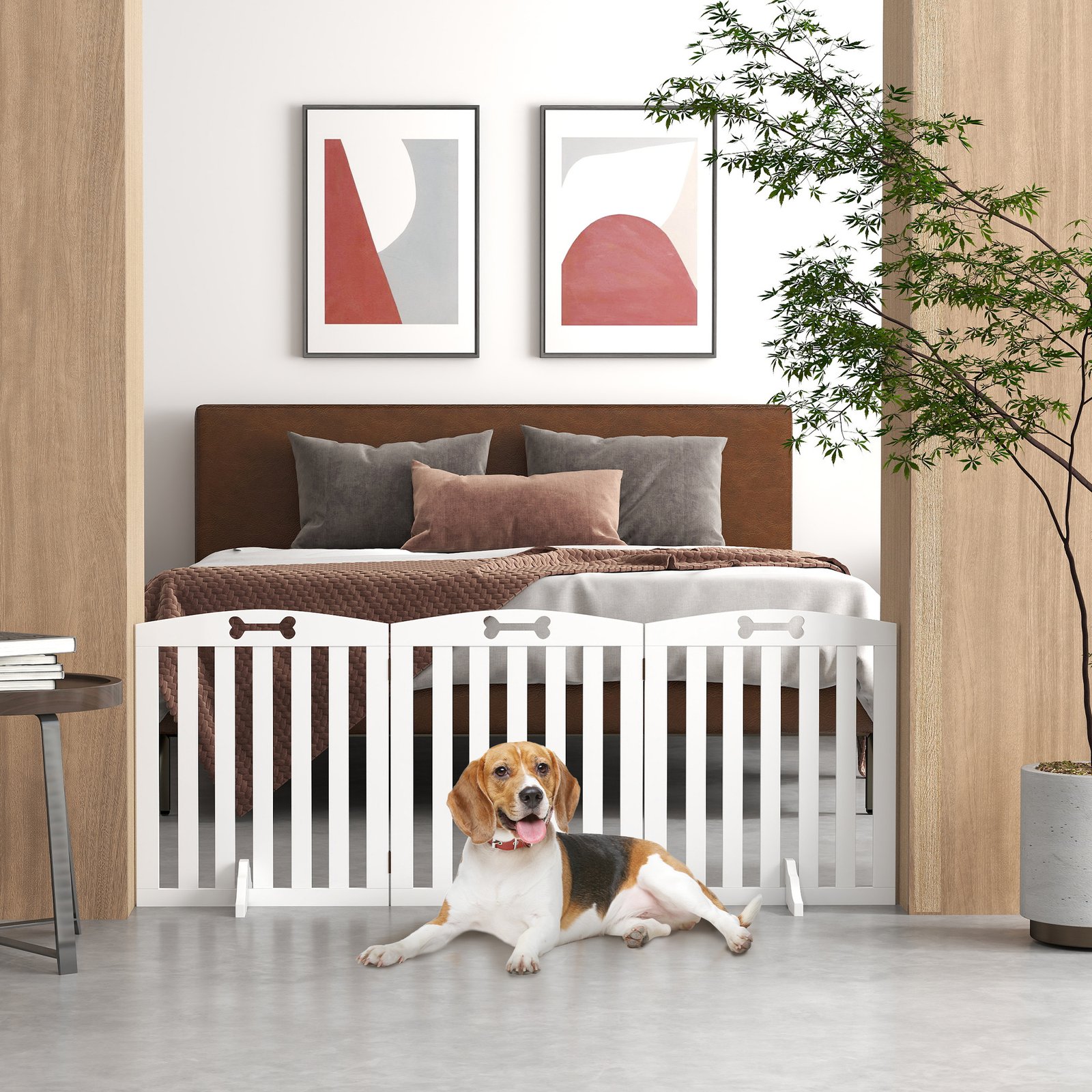 Wooden Dog Gate, Freestanding Pet Gate with Support Feet for Doorways, Hallways, Stairs, 155L x 61H cm, White