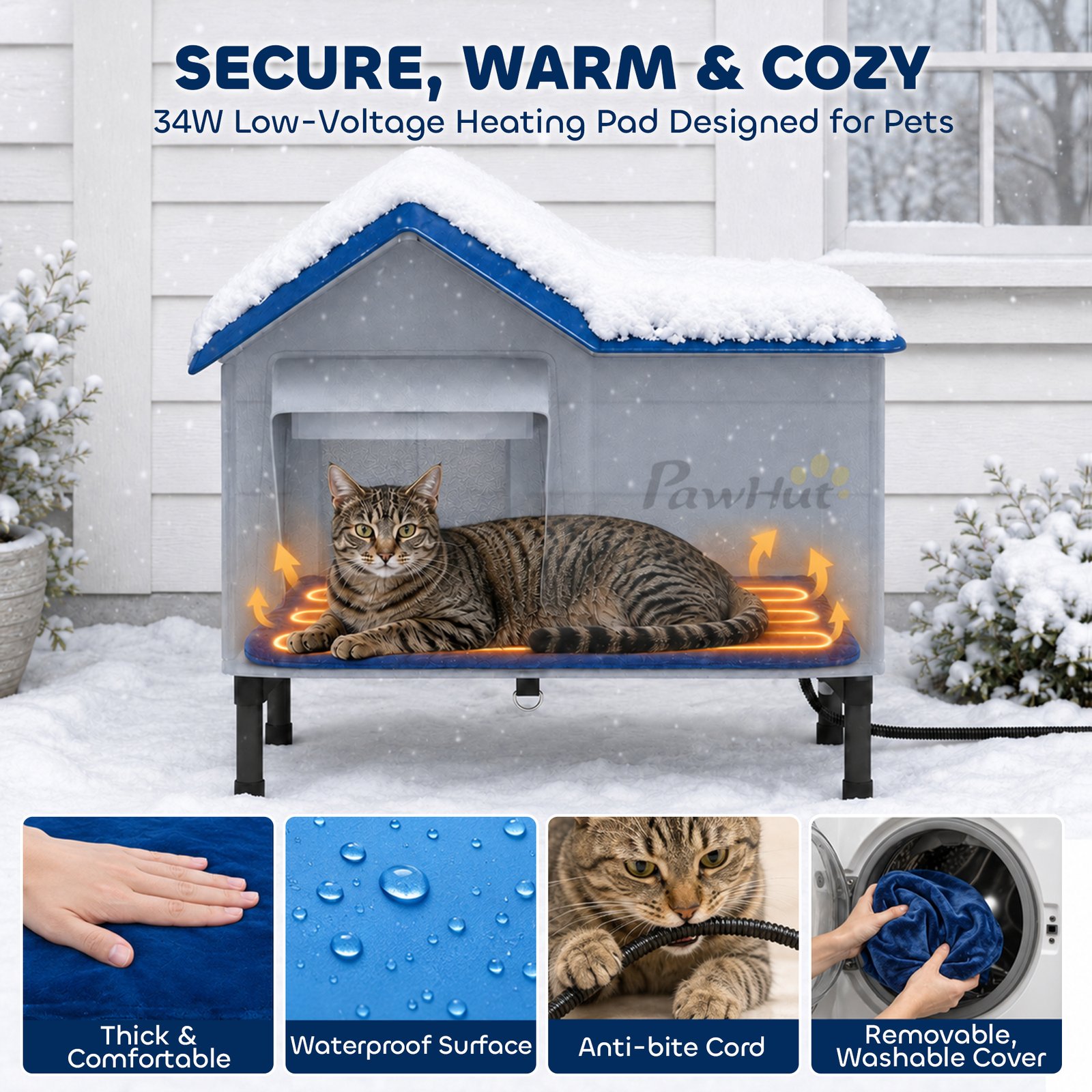 Heated Cat House Weatherproof w/ Heating Pad, Elevated Base, Escape Door, Cat Winter Shelter for Stray, Barn Cats