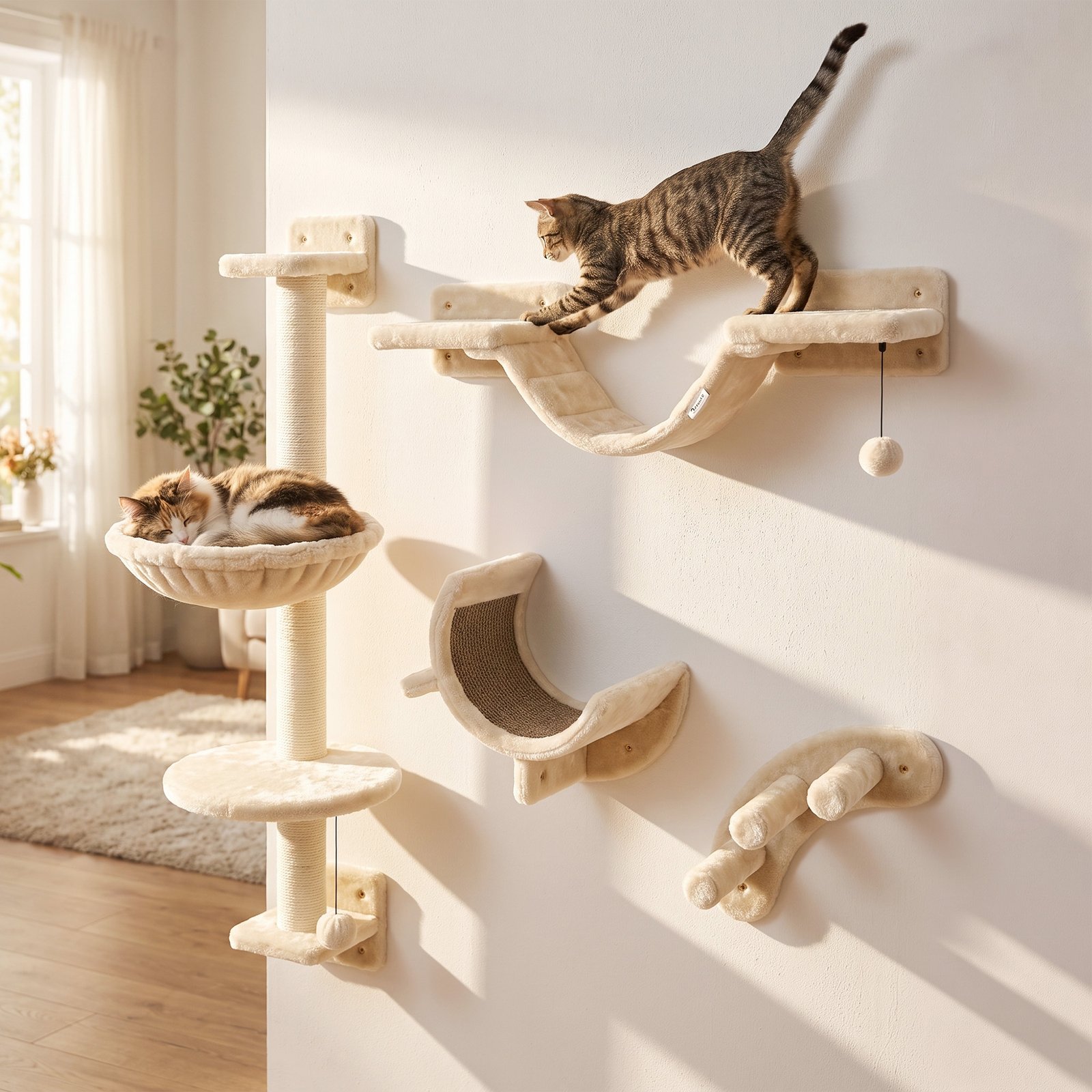 Four-Piece Cat Wall Furniture, with Hammock, Ladder, Platforms, Steps, for Indoor Use - Beige
