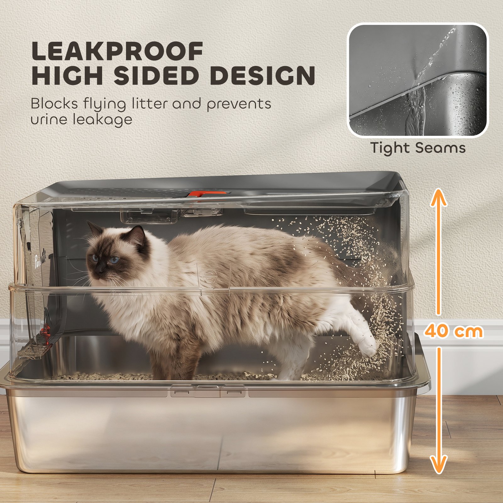 Stainless Steel Cat Litter Tray with Lid, XL 90L Enclosed Cat Litter Box with Step, Scoop, High Side, Dark Grey