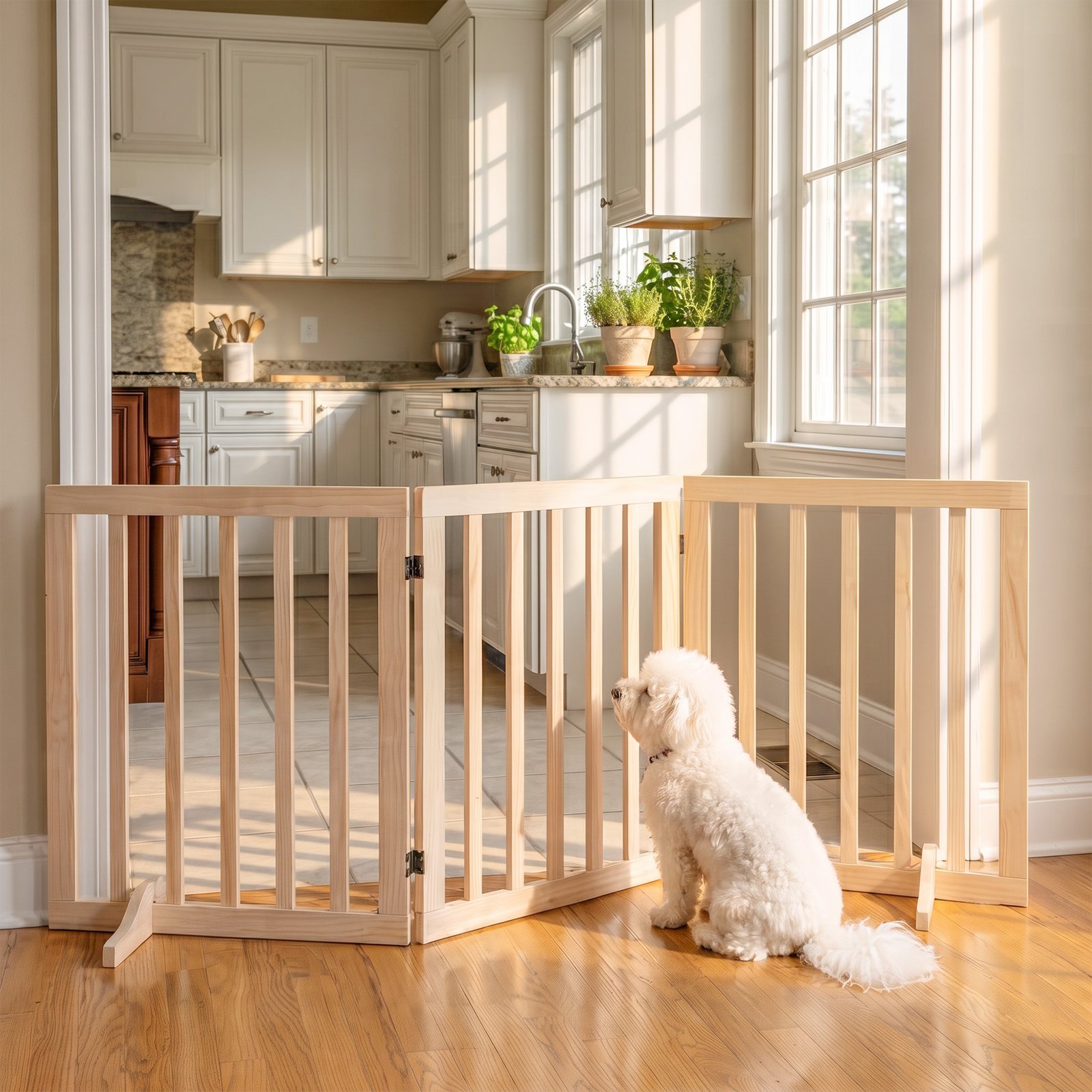 Wooden Dog Gate, 3-Panel Freestanding Pet Gates Indoor with 2 Support Feet and 360° Flexible Hinges, Natural