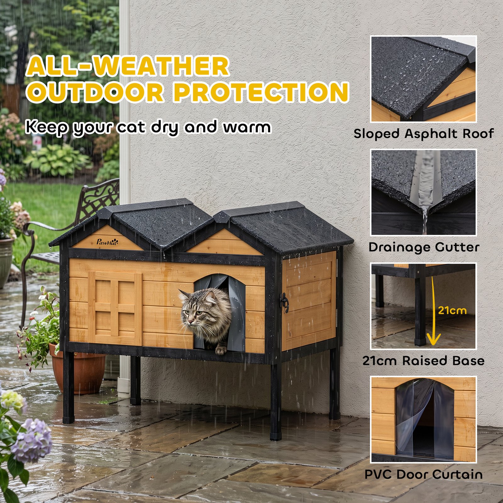 Wooden Cat House Outdoor Indoor with Weatherproof Asphalt Roof, Side Cleaning Door, PVC Curtain