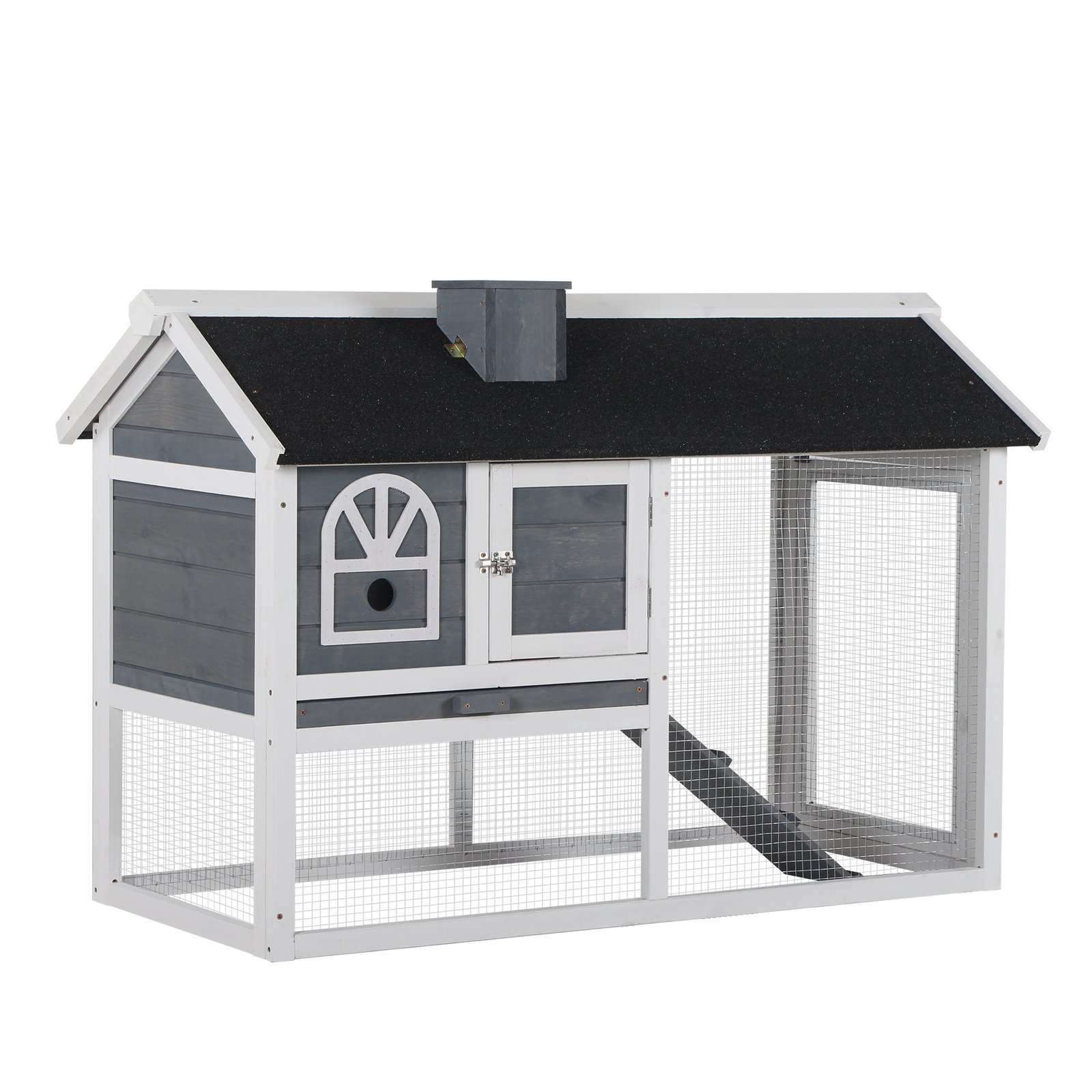 Wooden Rabbit Hutch and Run with Sliding Tray, Ramp, Water-resistant Roof, for 2-4 Rabbits, Grey