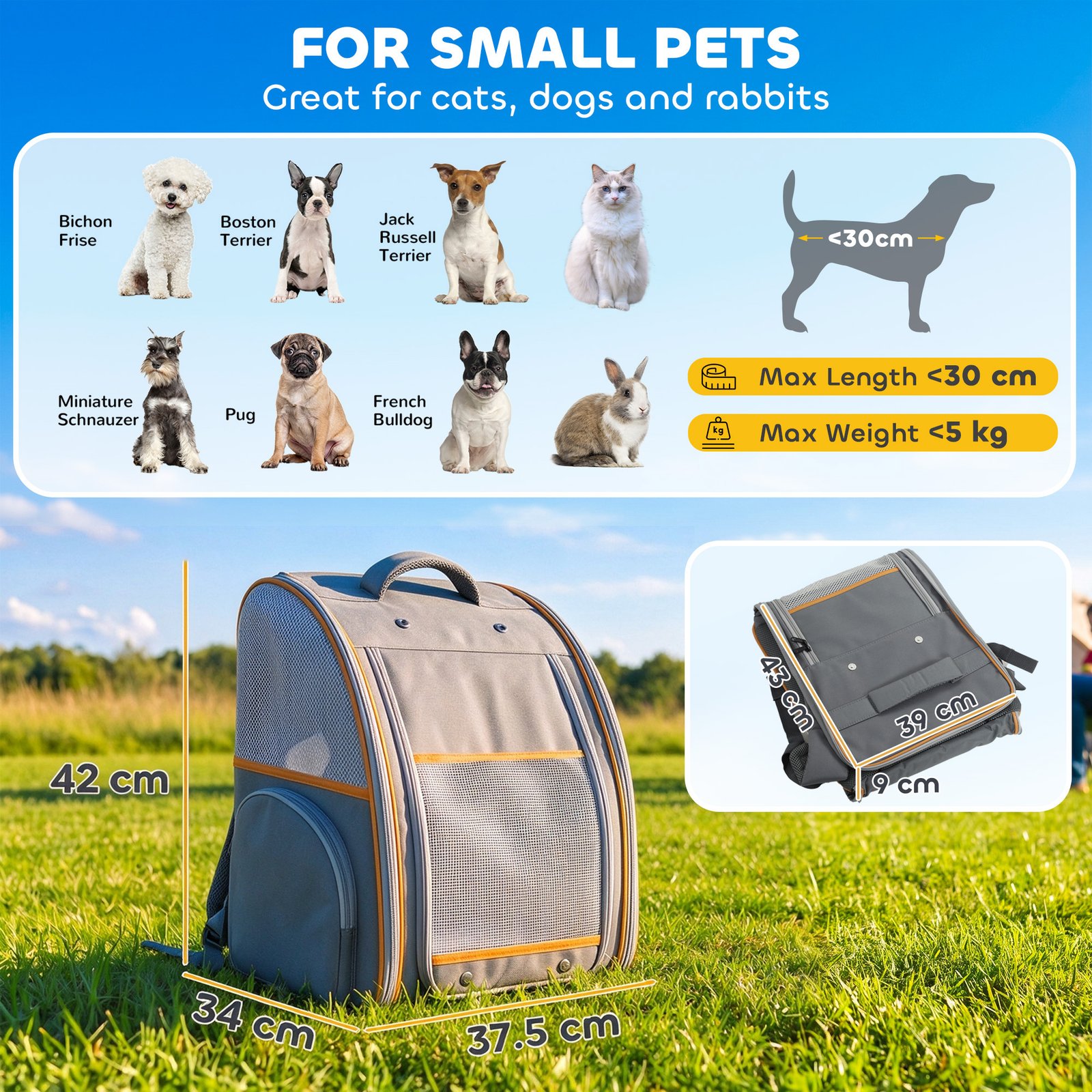 Pet Backpack Carrier, Foldable Pet Carrier Backpack for Mini Dogs Cats Up to 5 kg, with Mesh Window, Grey