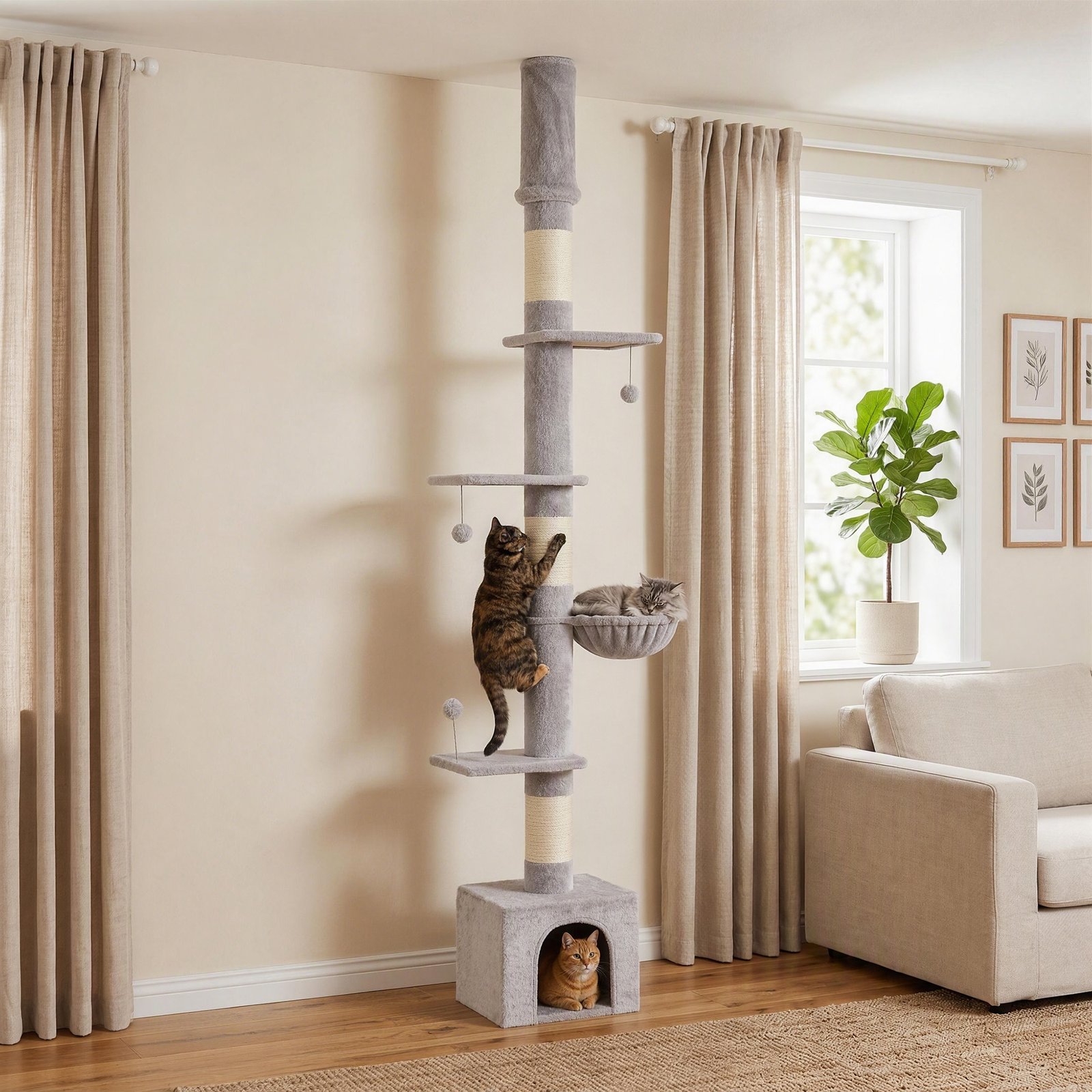 Floor to Ceiling Cat Tree, 230-250cm Multi-Level Cat Tower with Adjustable Height, Scratching Posts, Condo, Platforms