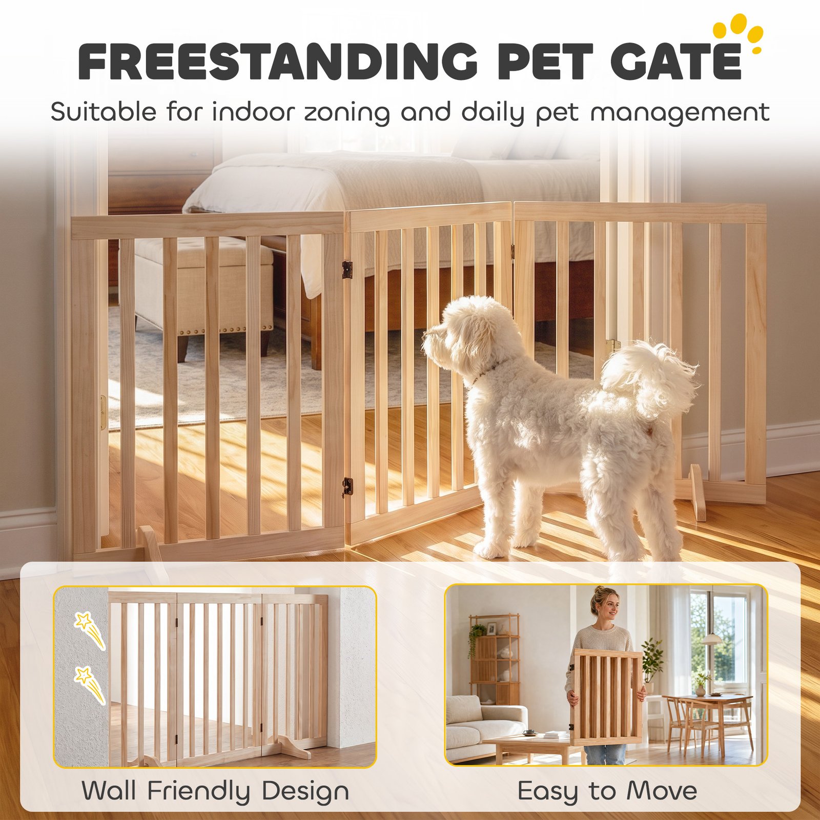Wooden Dog Gate, 3-Panel Freestanding Pet Gates Indoor with 2 Support Feet and 360° Flexible Hinges, Natural