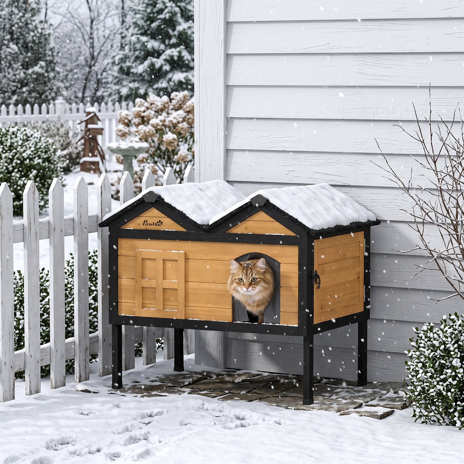 Wooden Cat House Outdoor Indoor with Weatherproof Asphalt Roof, Side Cleaning Door, PVC Curtain
