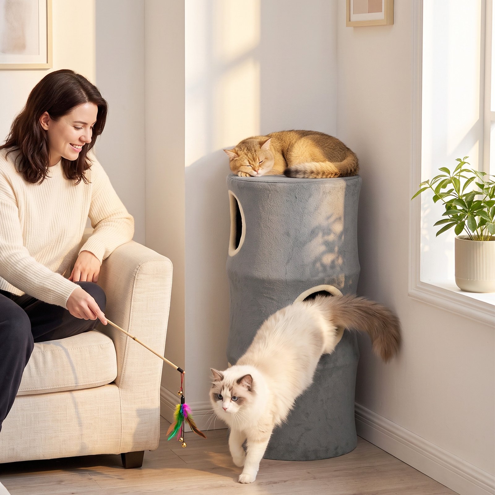 Cat House for Indoor Kittens, Cat Condo with Removable Washable Cover, Modern Barrel-Shaped Kitty Cave Bed