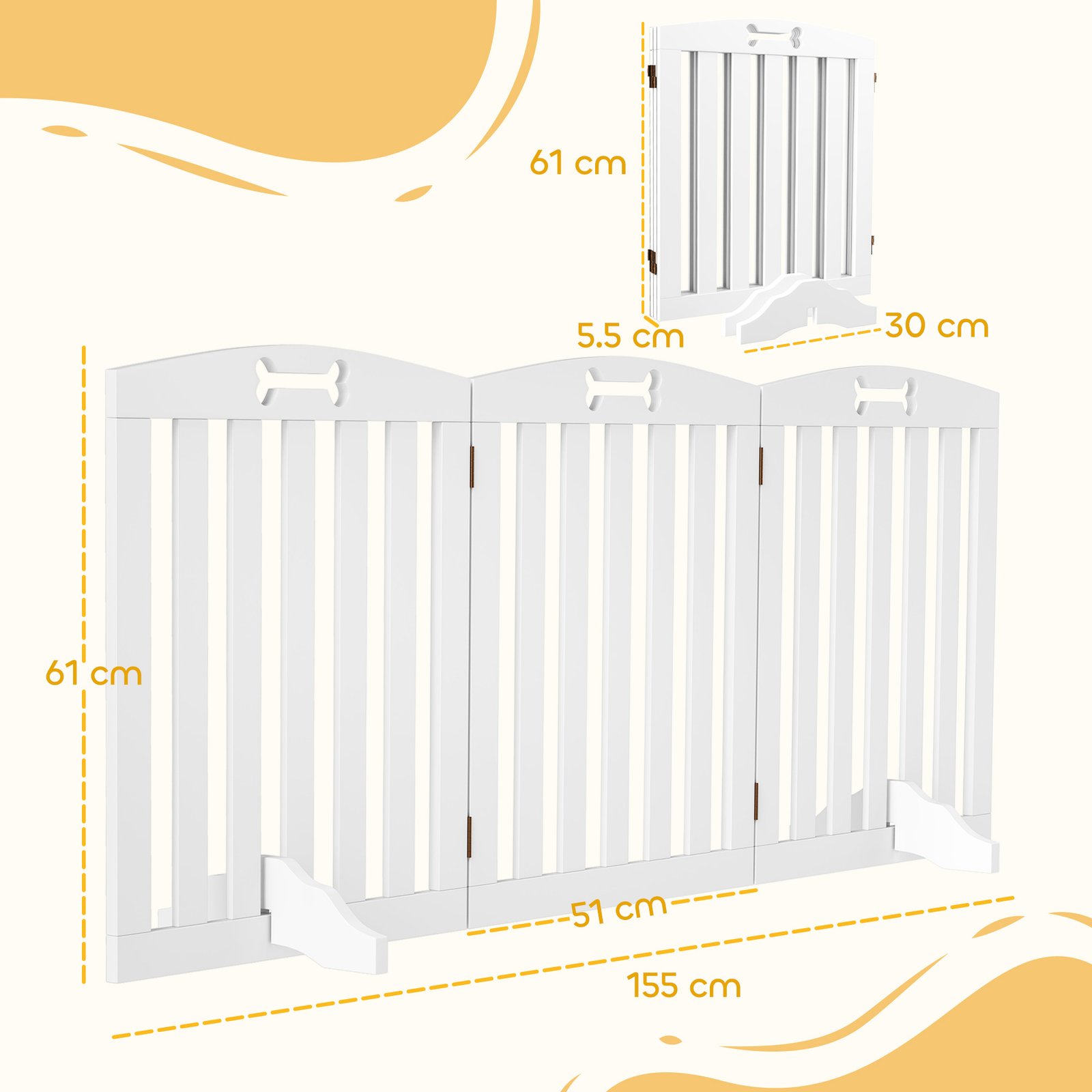 Wooden Dog Gate, Freestanding Pet Gate with Support Feet for Doorways, Hallways, Stairs, 155L x 61H cm, White